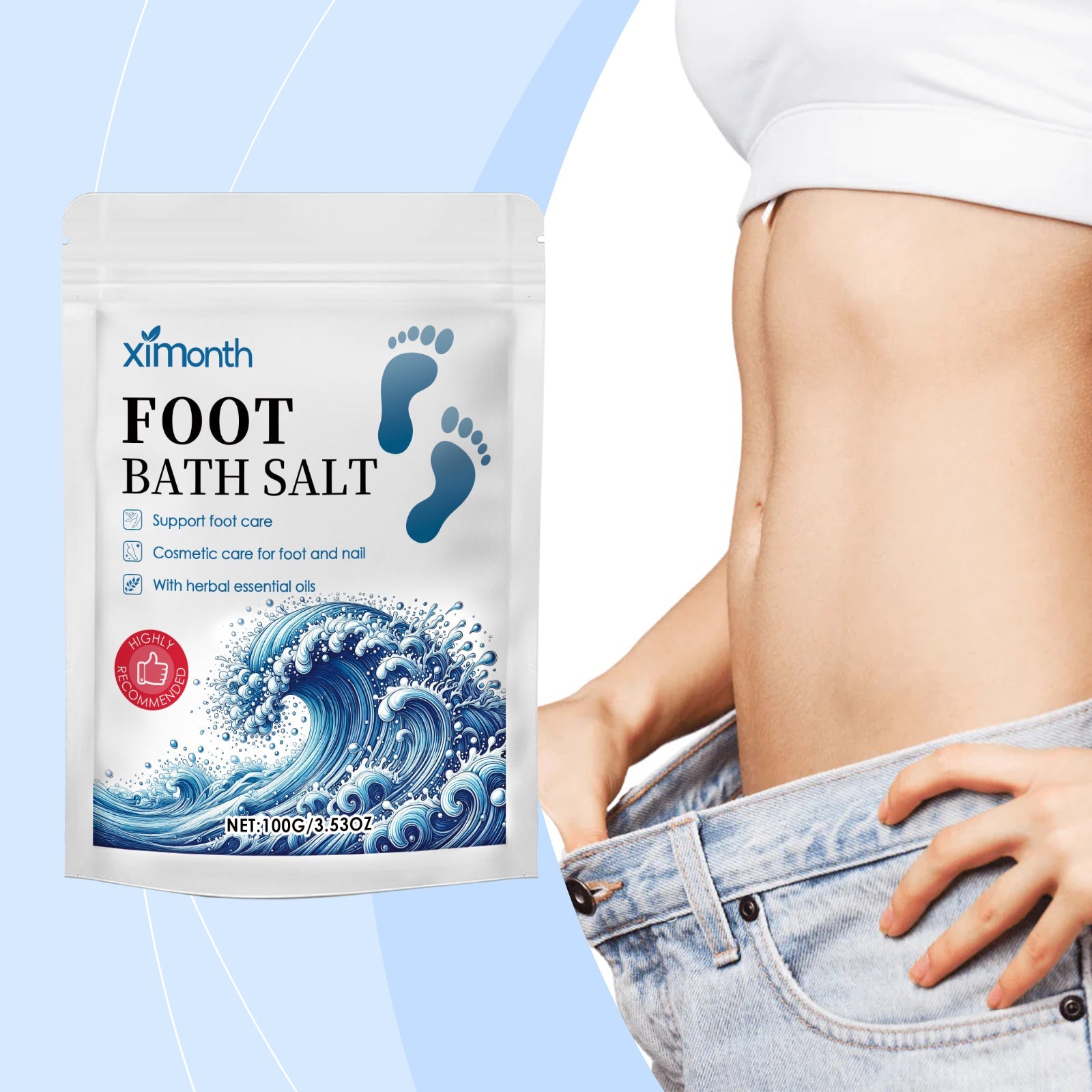 Person in casual denim adjusting waistband next to product packaging with light blue background