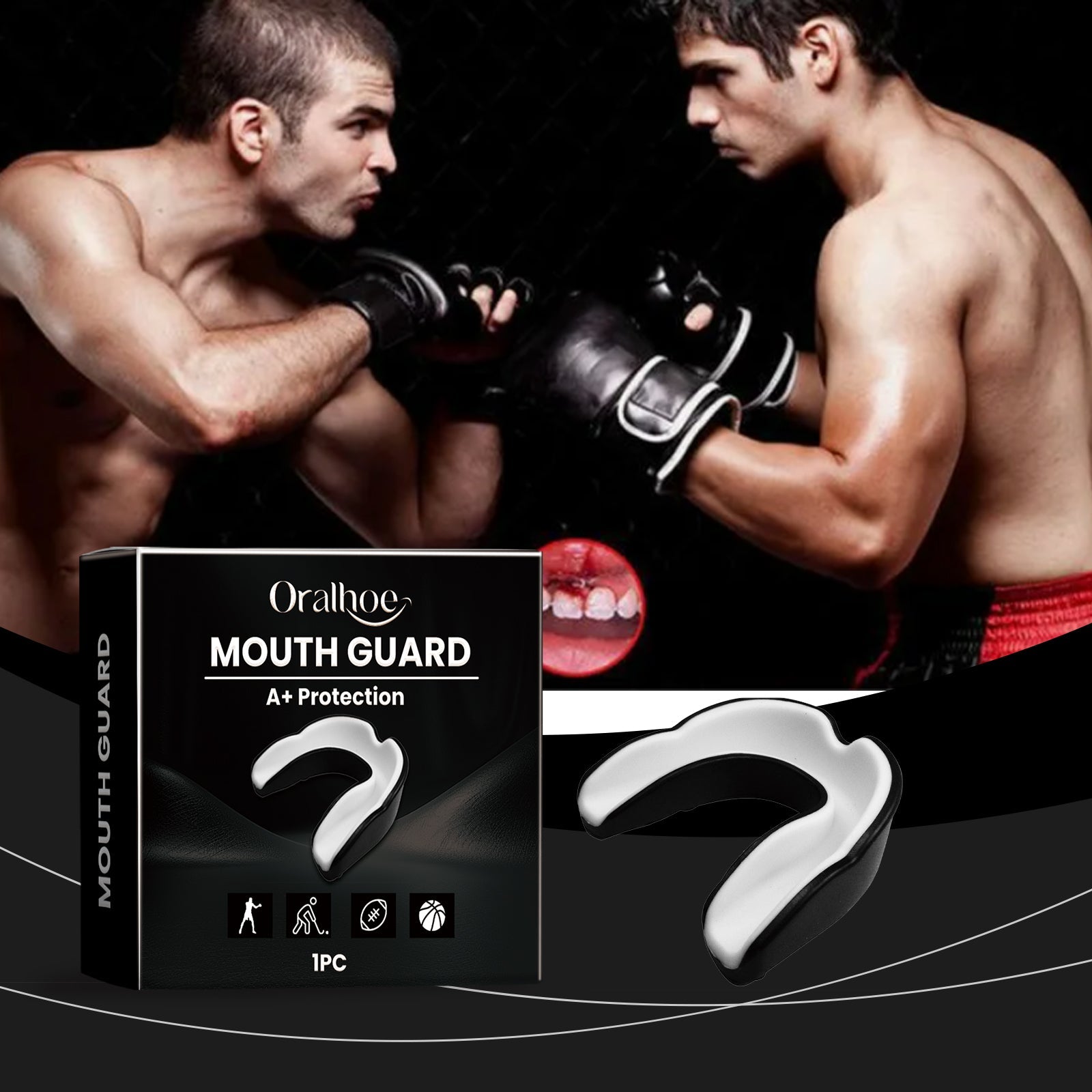 Two male boxers in fighting stance wearing boxing gloves facing each other with inset of packaging and mouthguard, plus close-up of athlete teeth/smile