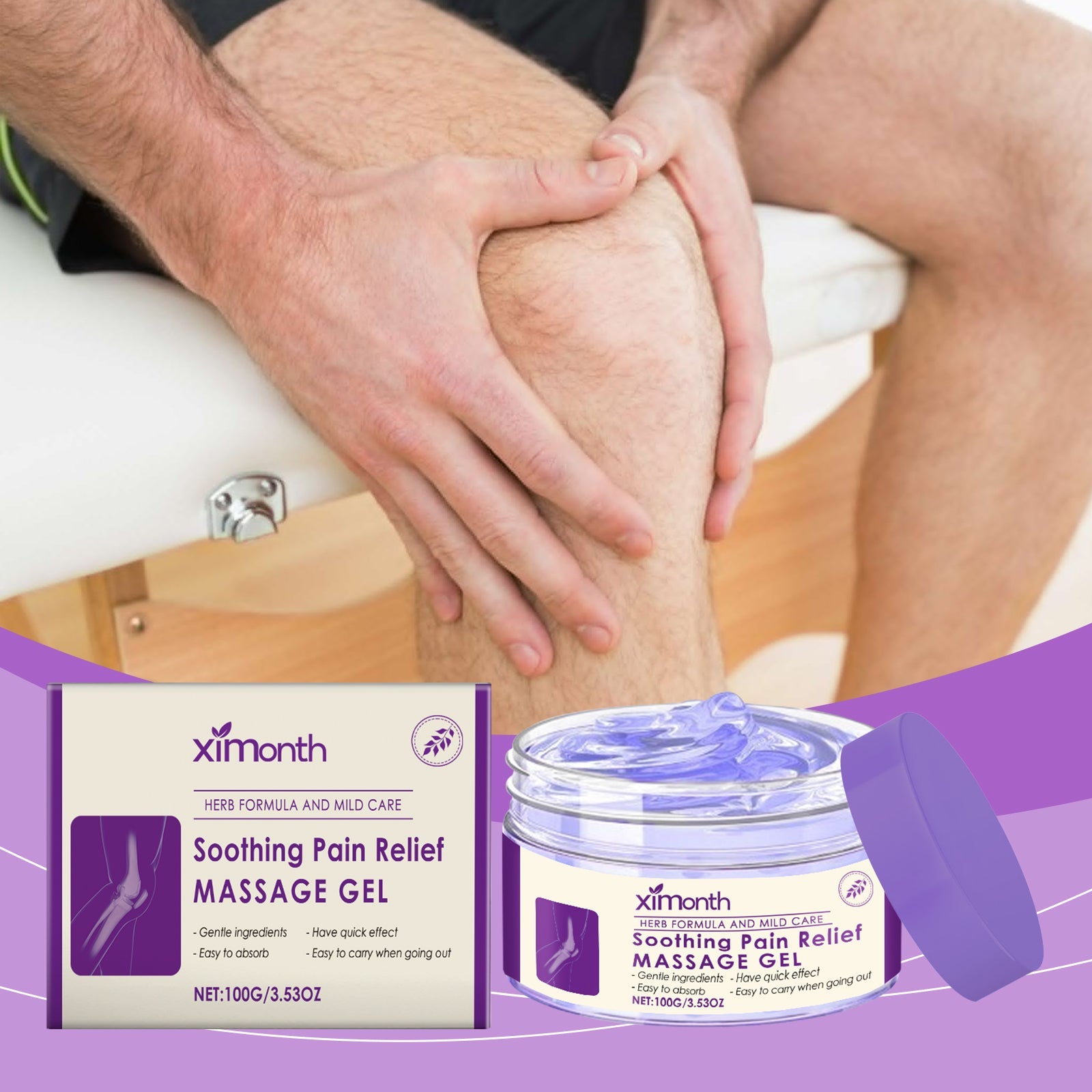 Man applying gel to knee during massage with product packaging visible in background