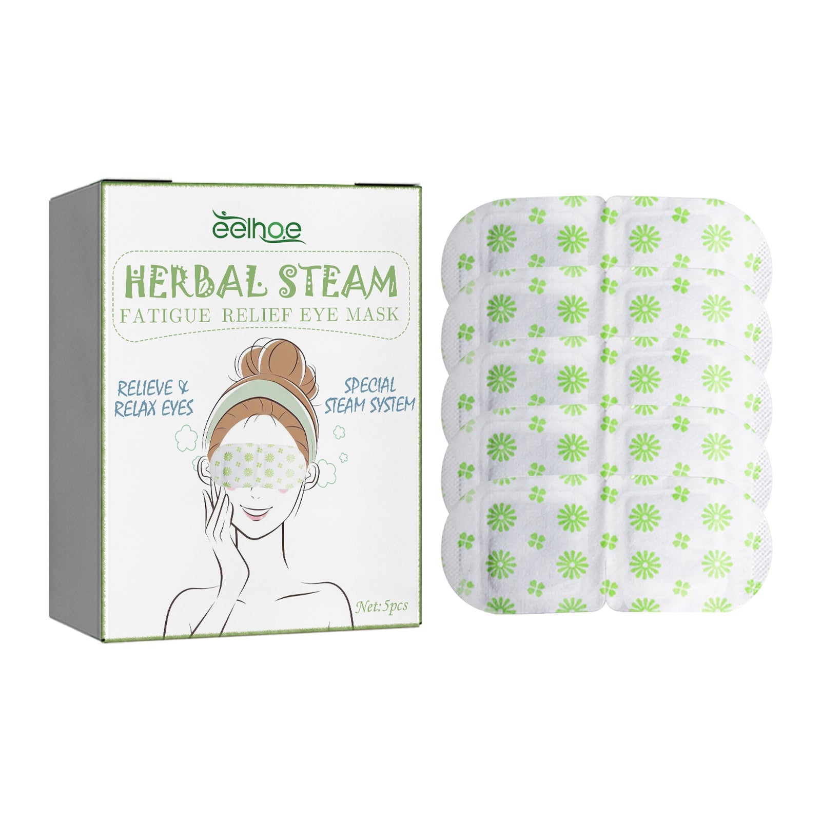 Woman wearing herbal steam eye mask on face with visible relaxation, close-up of mask in use