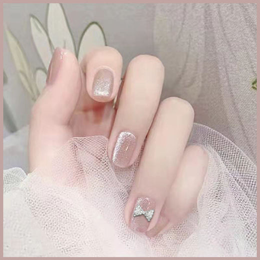 Short Cat Eye Press-On Nails With Sparkling Butterfly Shimmer