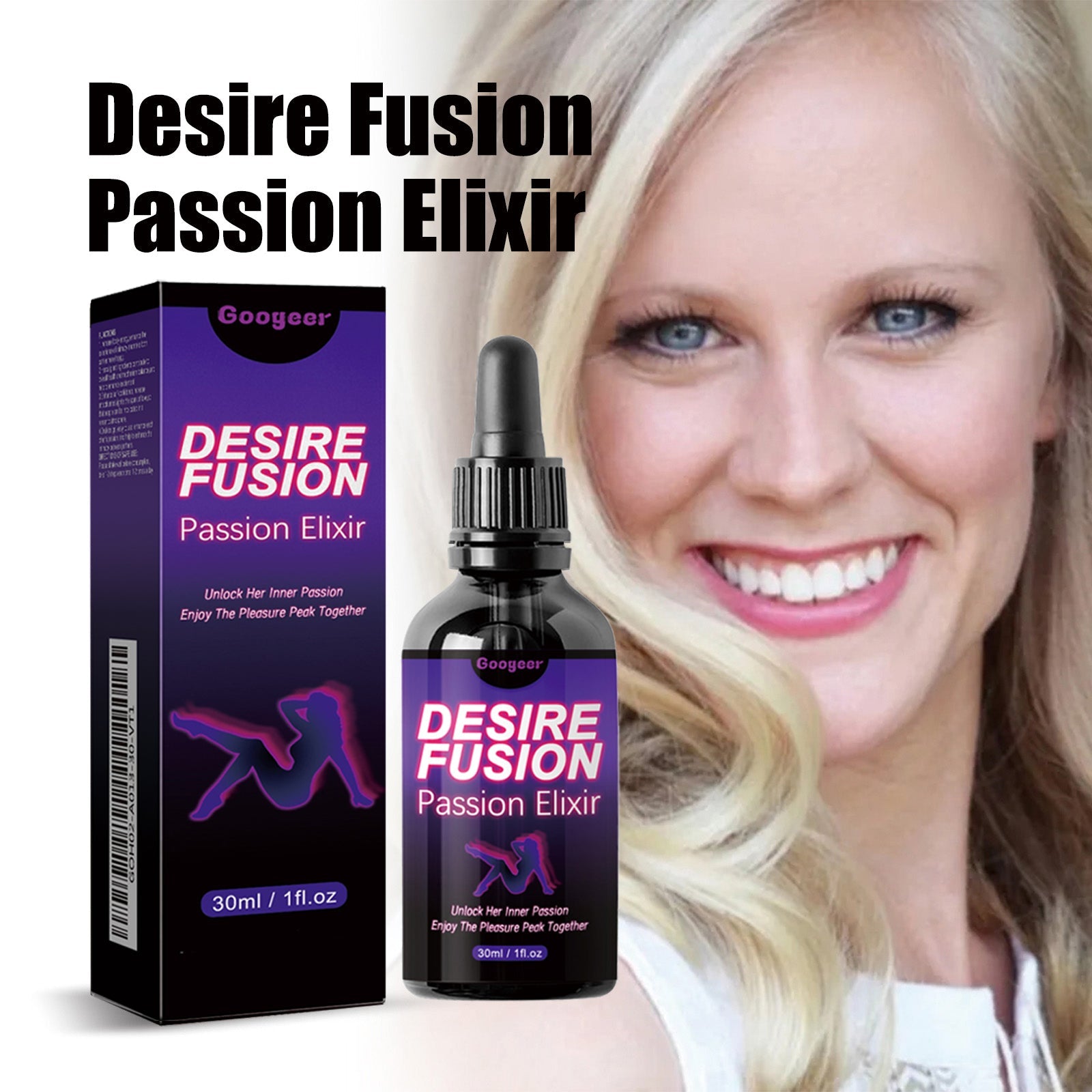 Happy blonde woman smiling with product packaging and bottle displayed, wearing pink lipstick