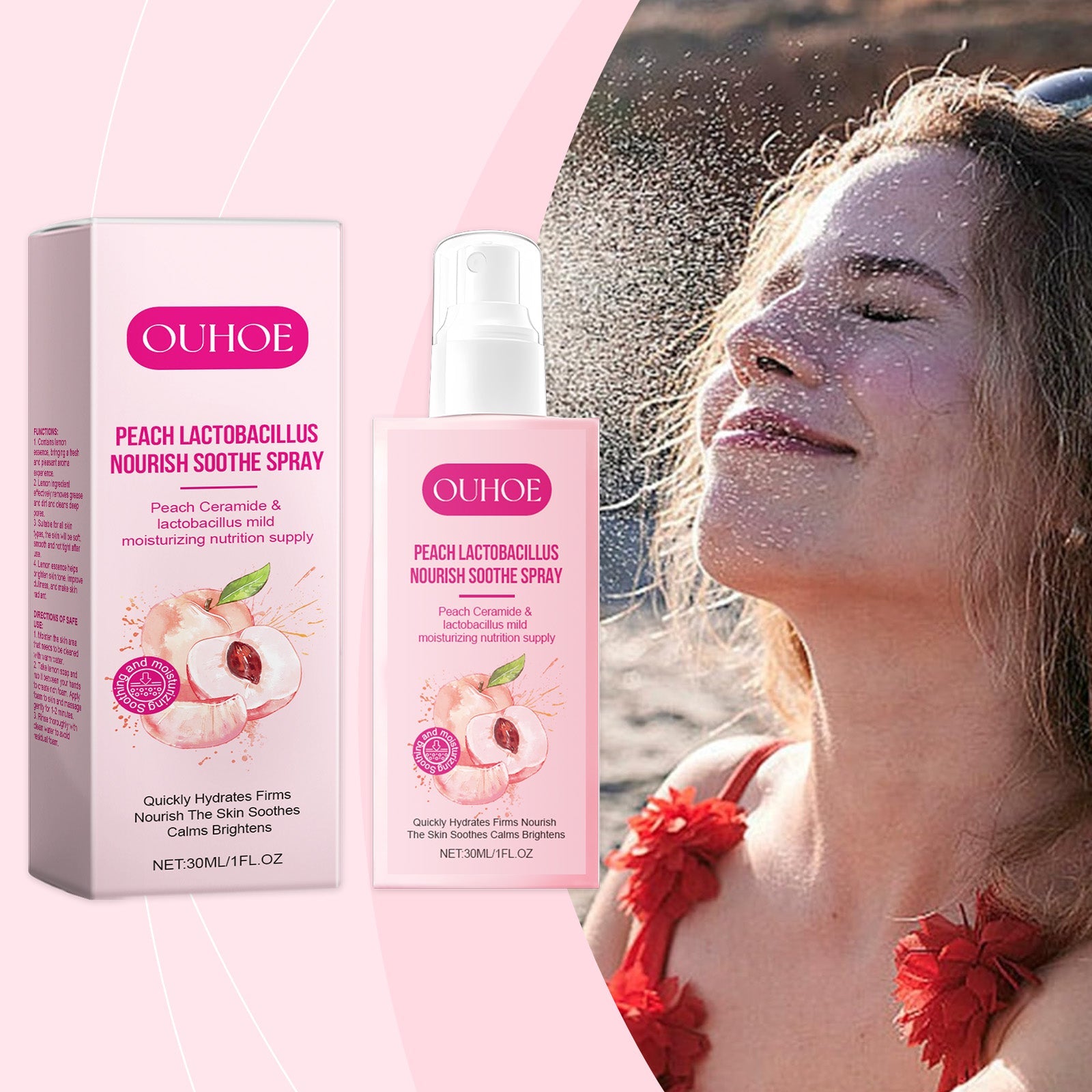 Woman at beach with spray mist applied, glowing complexion with water droplets