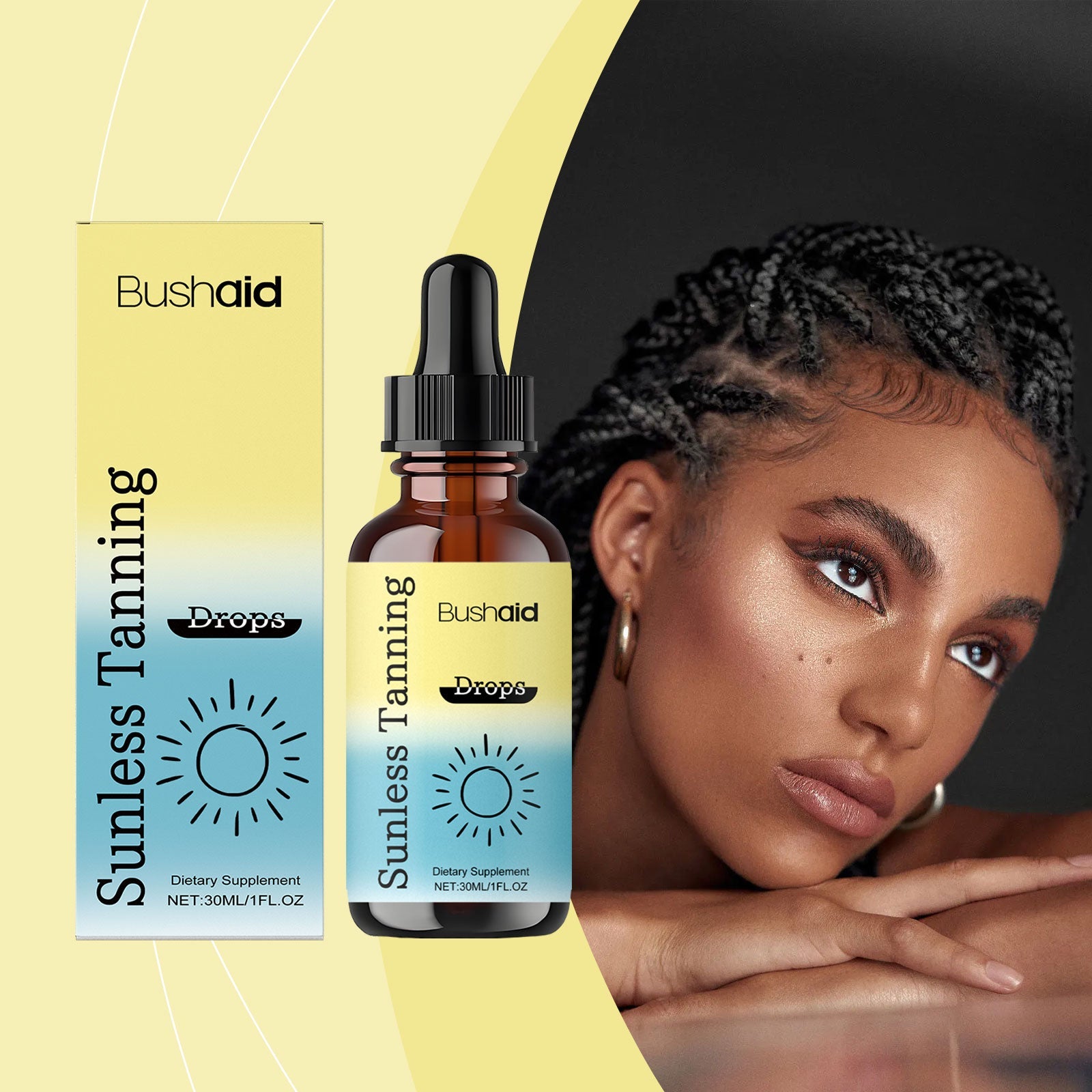 Woman with natural glowing skin and braided hair alongside product packaging, diagonal yellow and black background composition