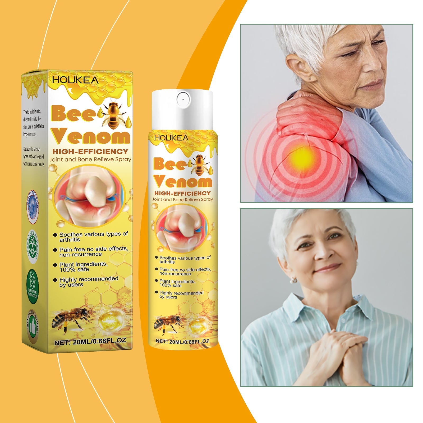 Older woman with white hair touching shoulder and neck area without visible pain; separate image of woman smiling without discomfort