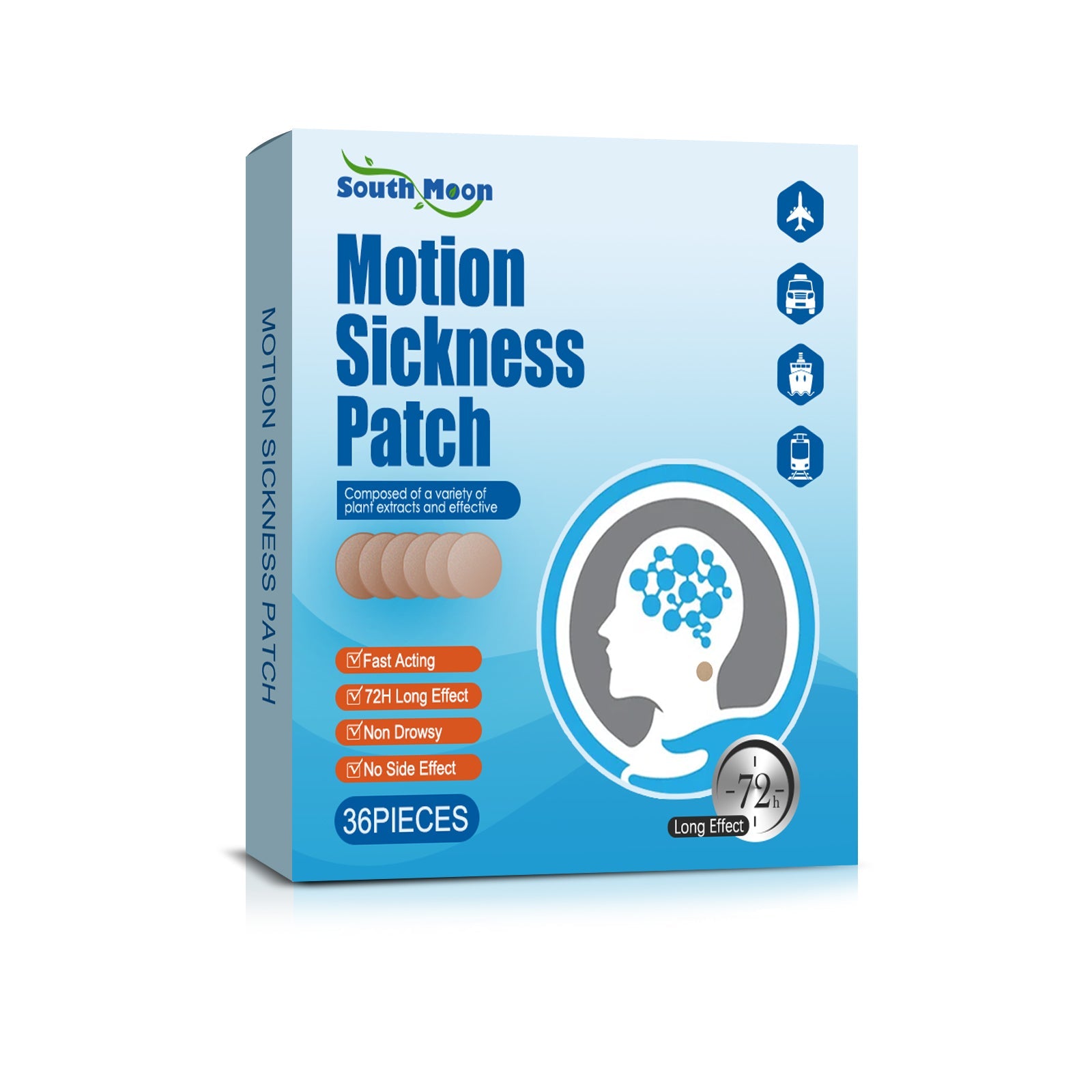 Woman experiencing motion sickness discomfort on left, marketing benefits highlighted on right