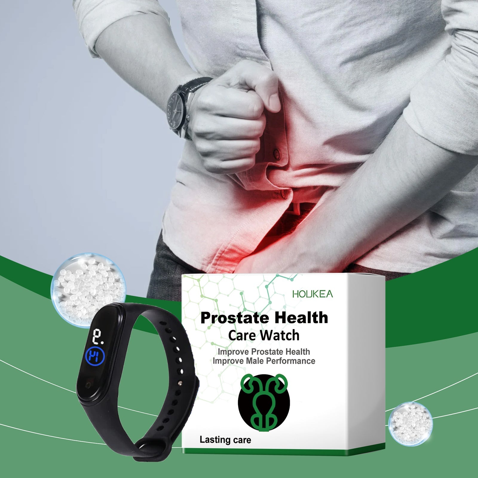 Professional man in business suit wearing the smartwatch with dual benefit cards: 'Reduce Discomfort' and 'Daily Wear' emphasizing modern appearance