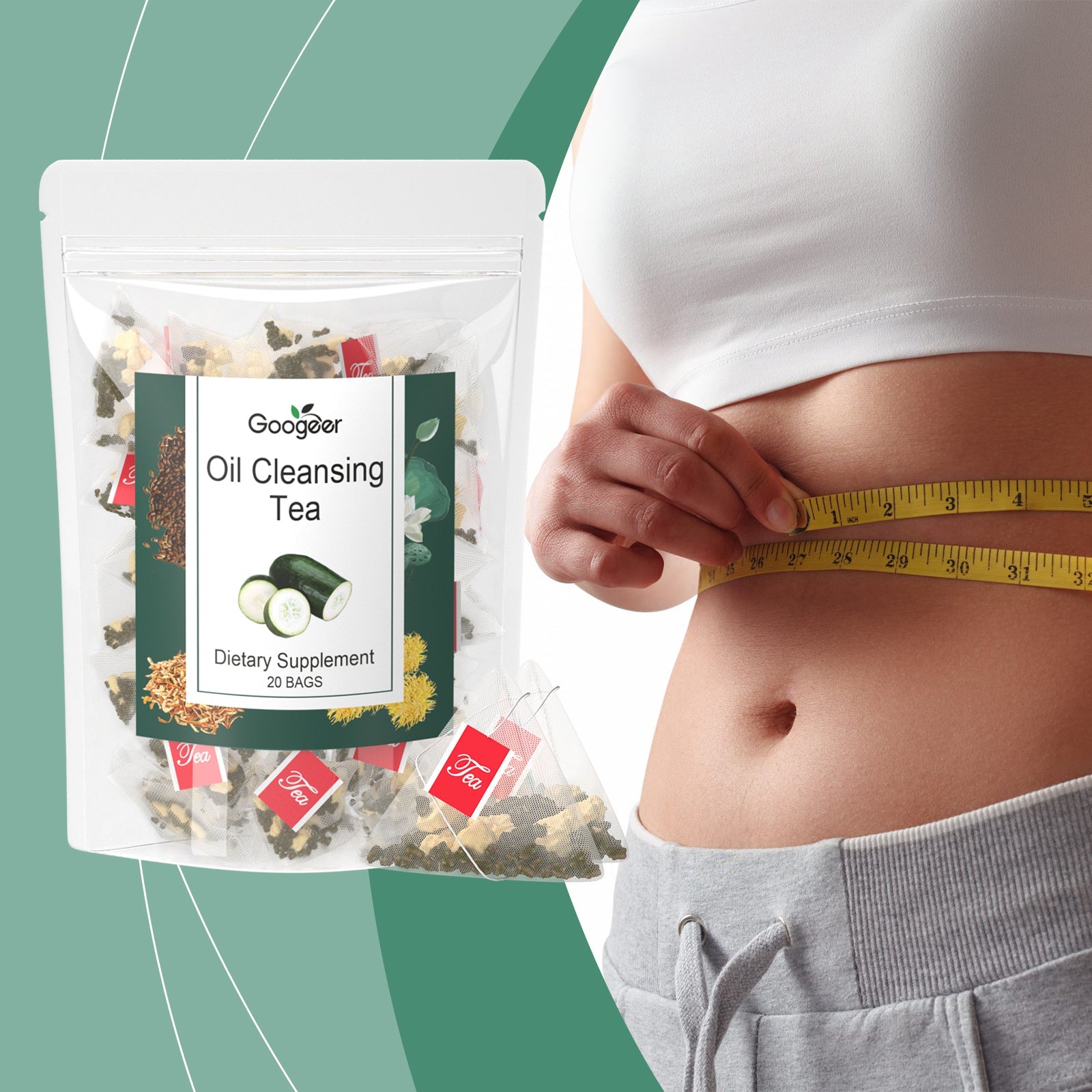 Woman measuring waist with tape measure while holding tea pouch, teal background