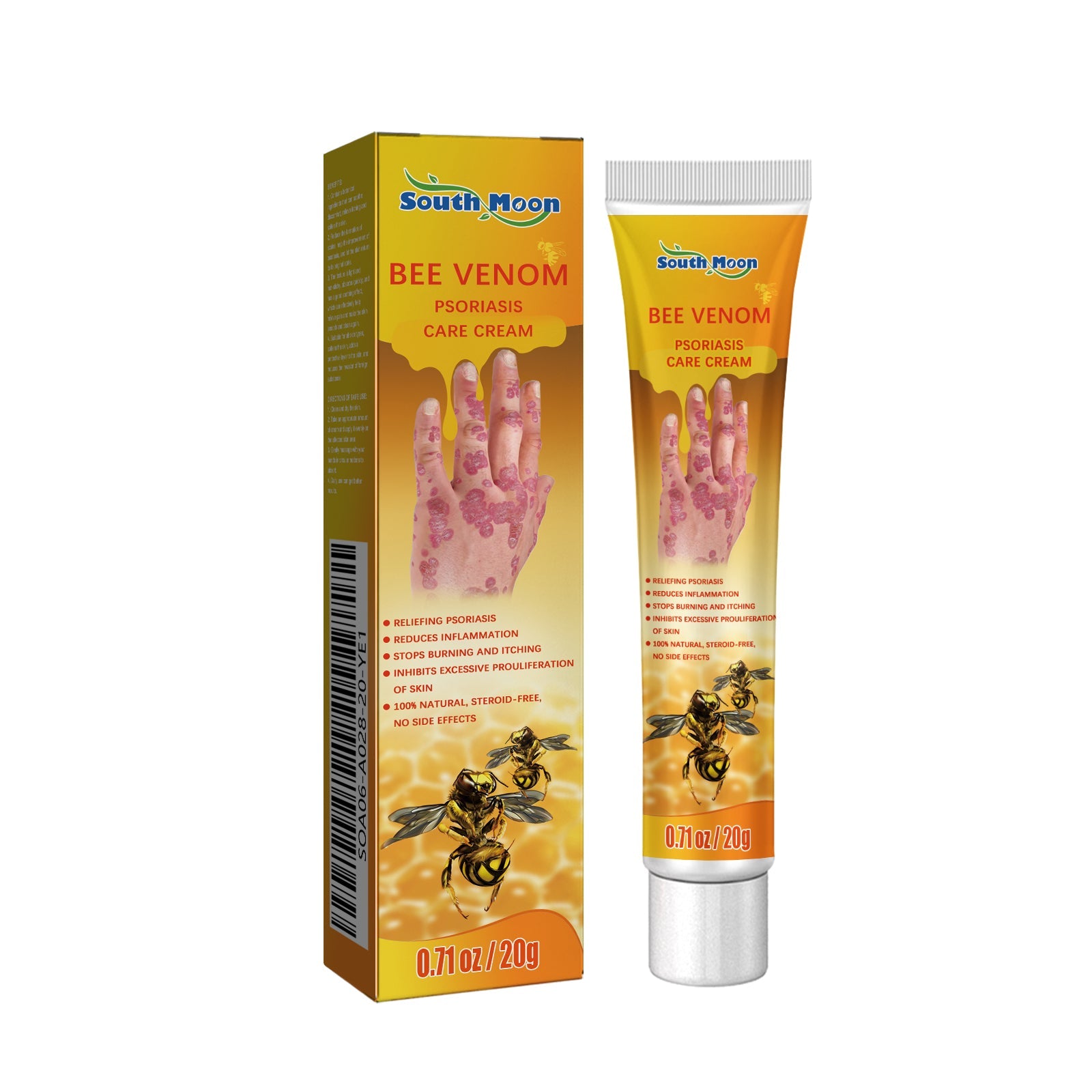 Split-screen comparison with enlarged close-up of psoriatic hand (left) and healed smooth skin (right); includes product imagery