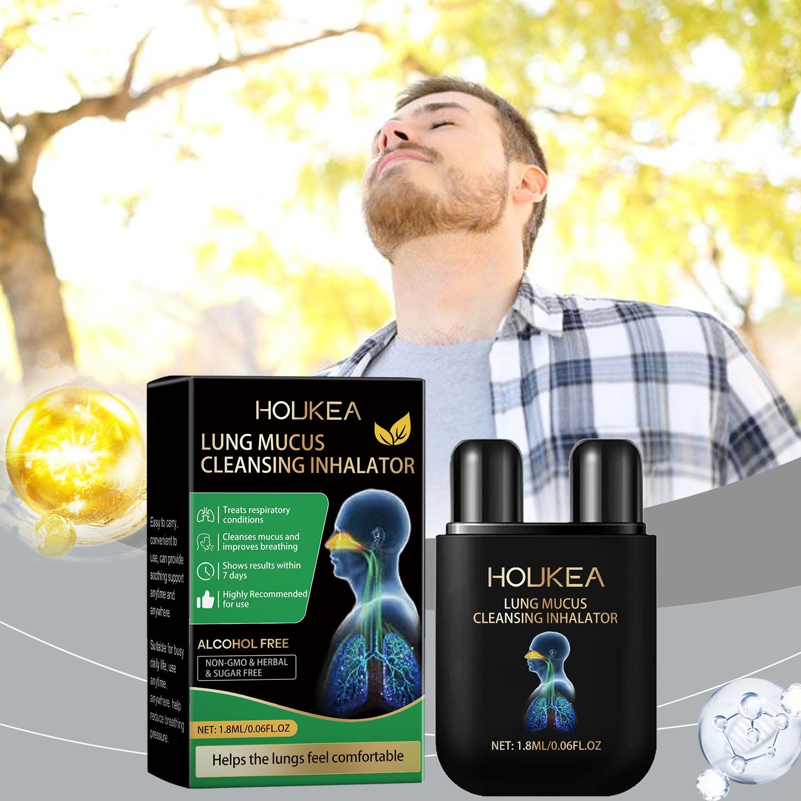 Man inhaling outdoors in sunlit park setting with product package and inhalator visible
