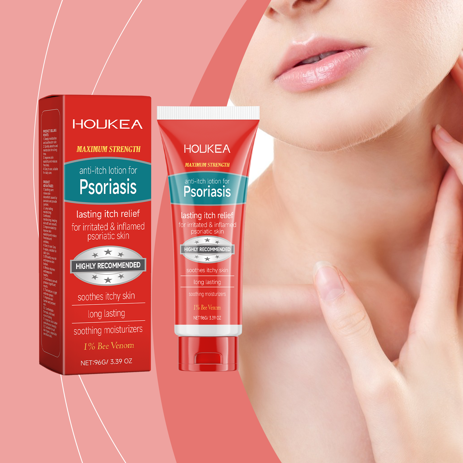 Woman applying Houkea lotion to neck and shoulder area with product and packaging visible on pink background