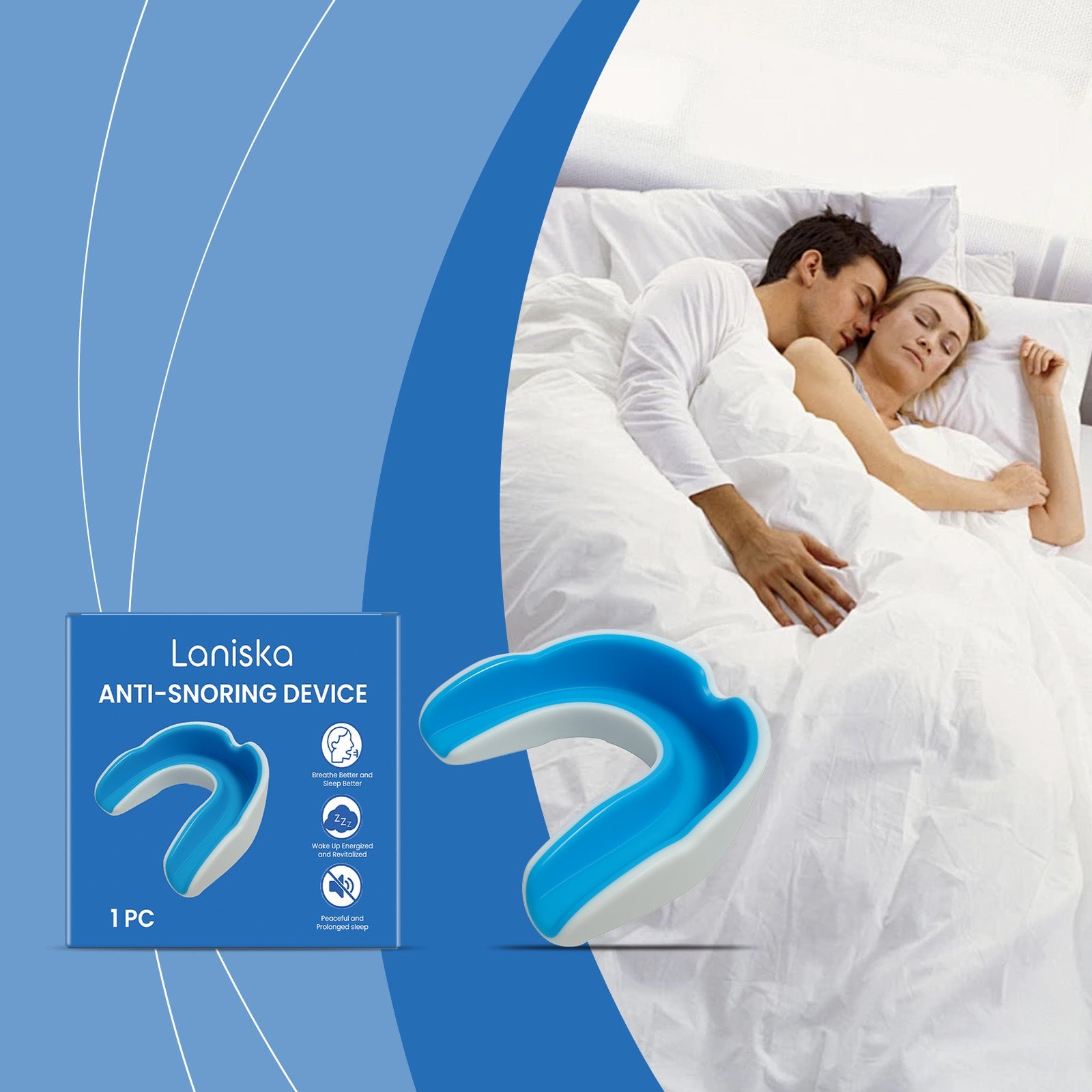 Couple sleeping peacefully together in white bedding with Laniska device prominently displayed