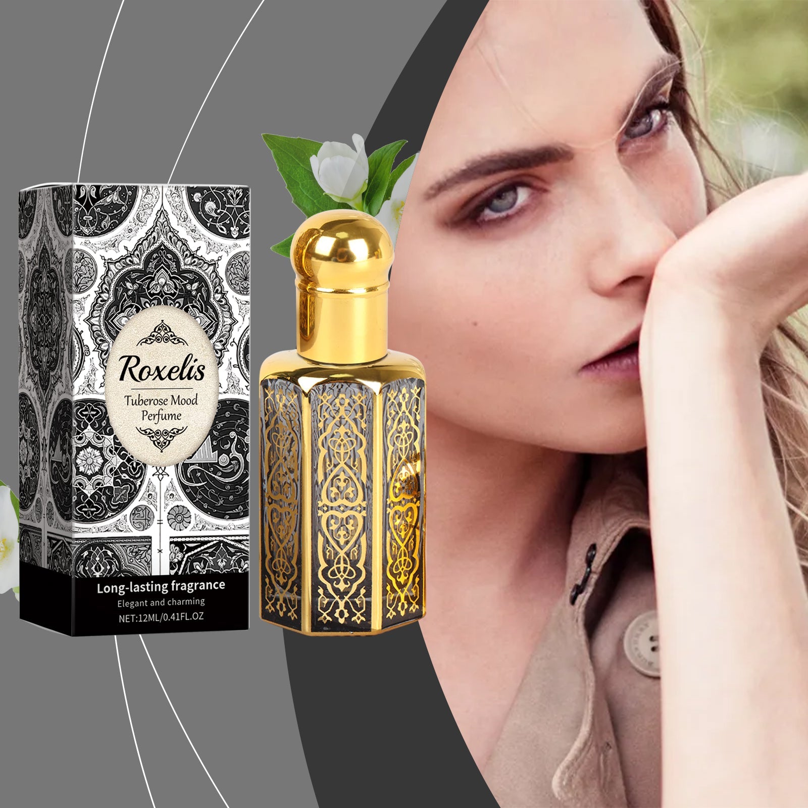 Woman's profile with hand near face, tuberose flower shown, positioned with product and packaging on angled background