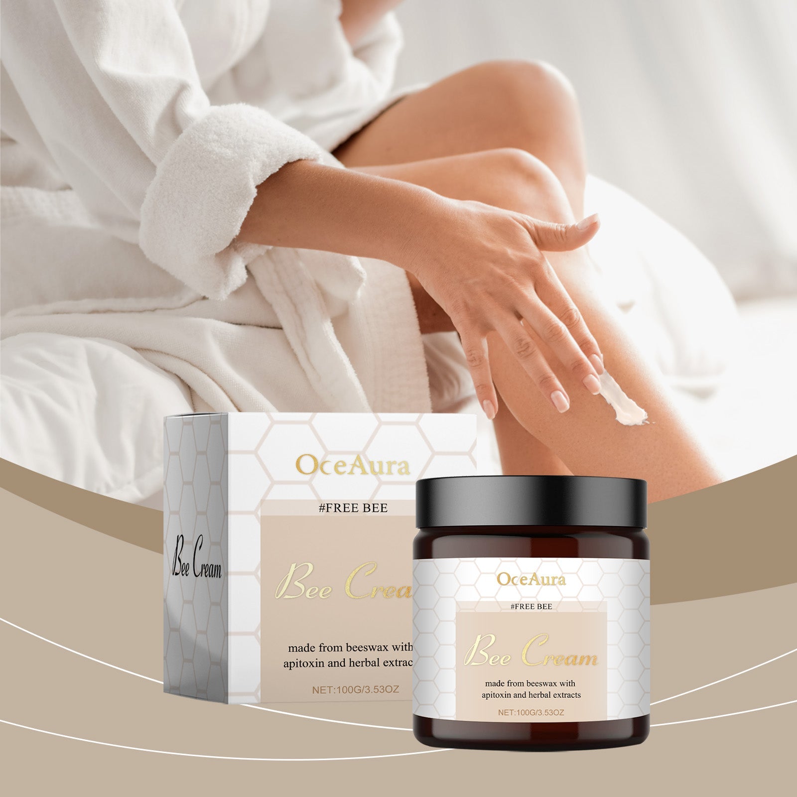 Woman in white cotton clothing applying cream to her leg while sitting, with product and packaging visible
