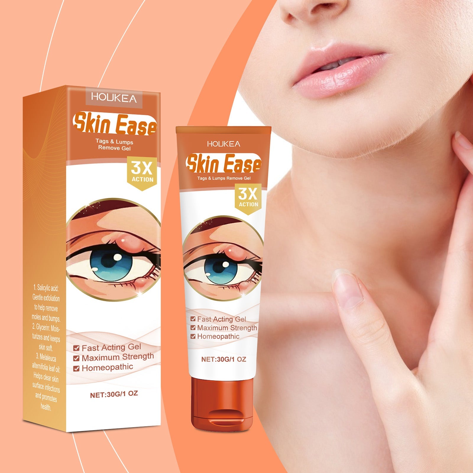 Woman's face and neck with product packaging, peachy-orange background, demonstrating application on facial skin