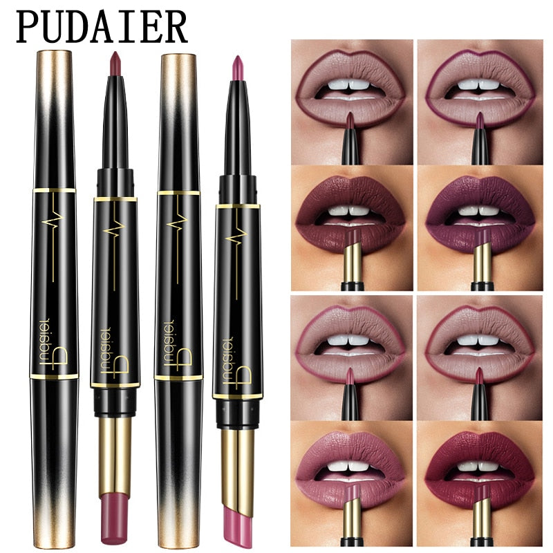 Single black Pudaier lipstick pencil with burgundy tip showing both pointed applicator ends and gold collar detail