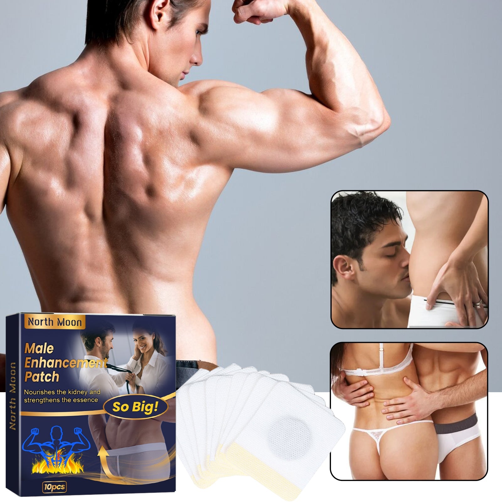 Muscular male physique with product box and application result vignettes showing intimate and physical confidence scenarios