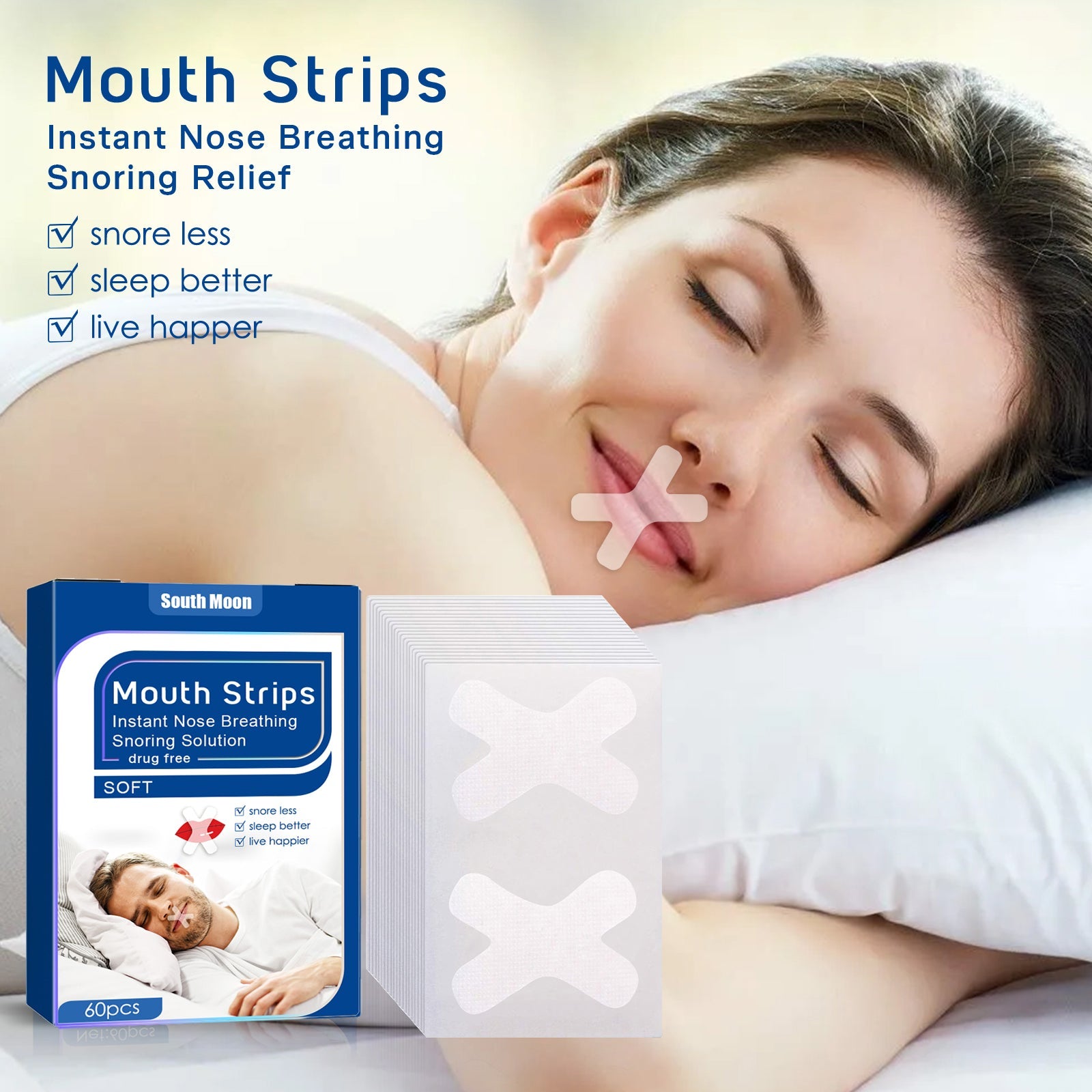 Product box and strips display showing South Moon Mouth Strips packaging with 60pc count and key benefits listed