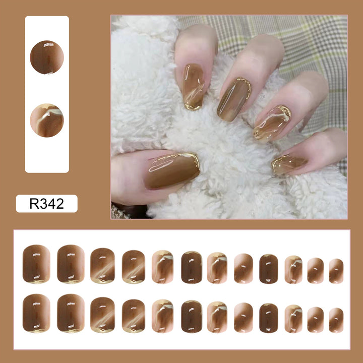 Brown Press-On Nails With Gold Salon-Style Nail Art