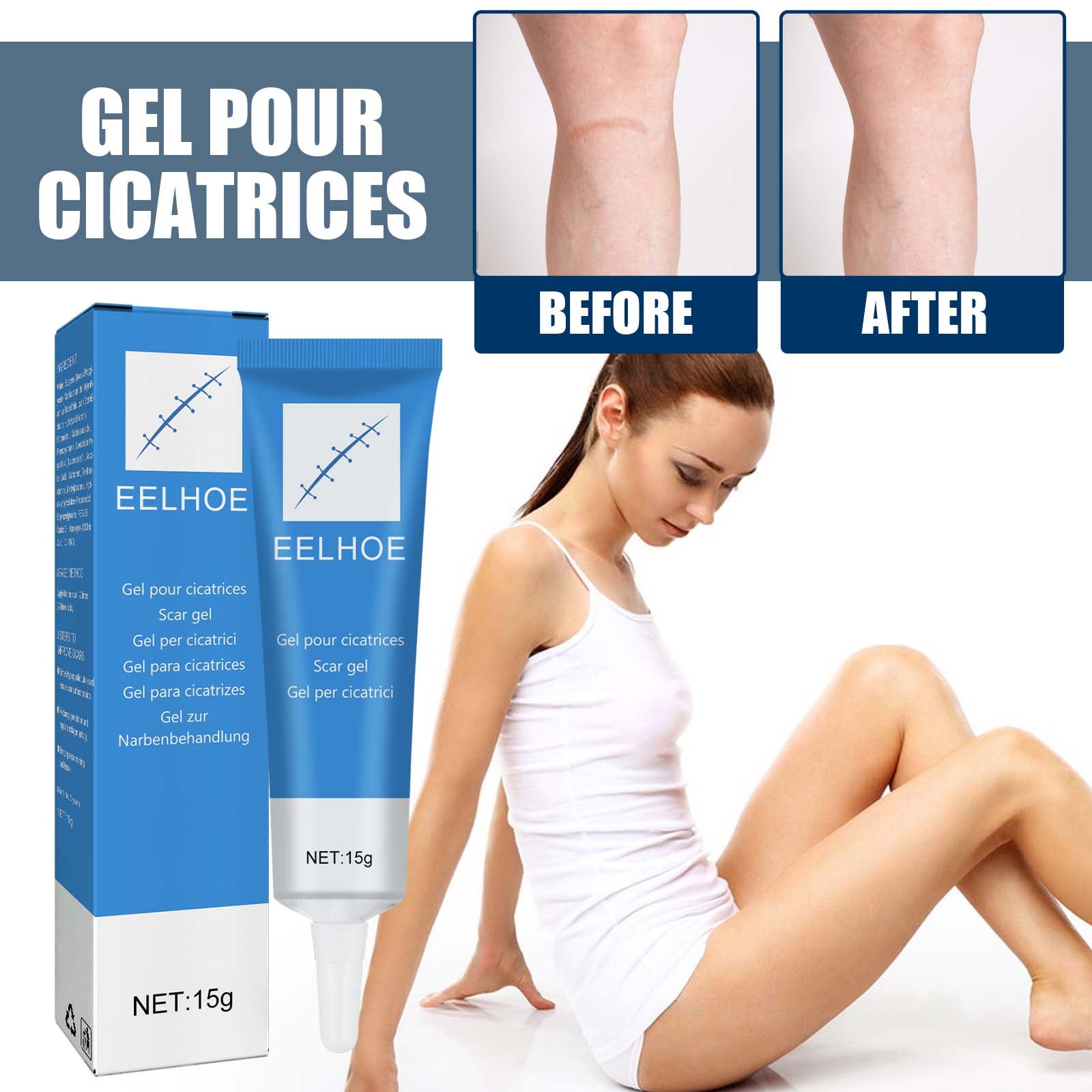 Three lifestyle images showing scar treatment application on abdominal/stretch mark area, arm scar, and chest area with product positioning