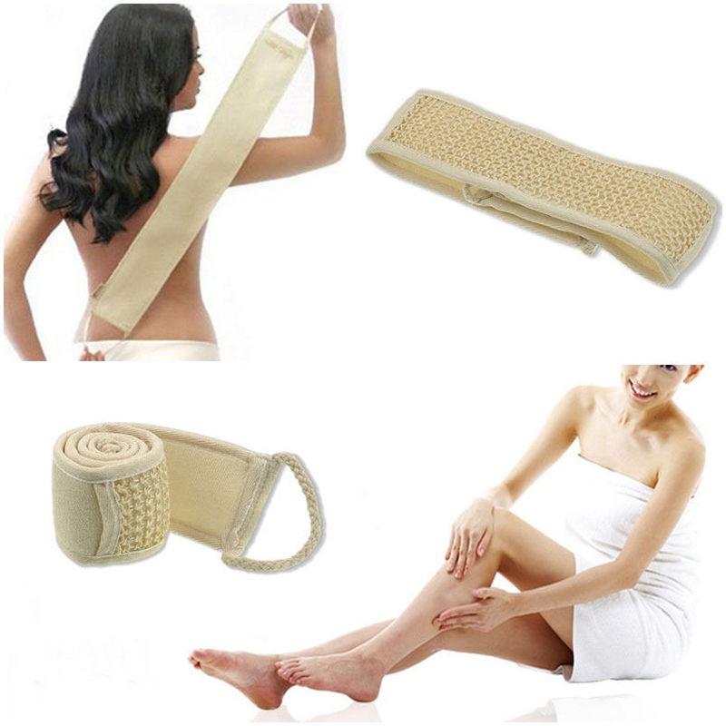 Collage showing a woman using the back strap on her back, the product flat, rolled up, and a woman with smooth legs