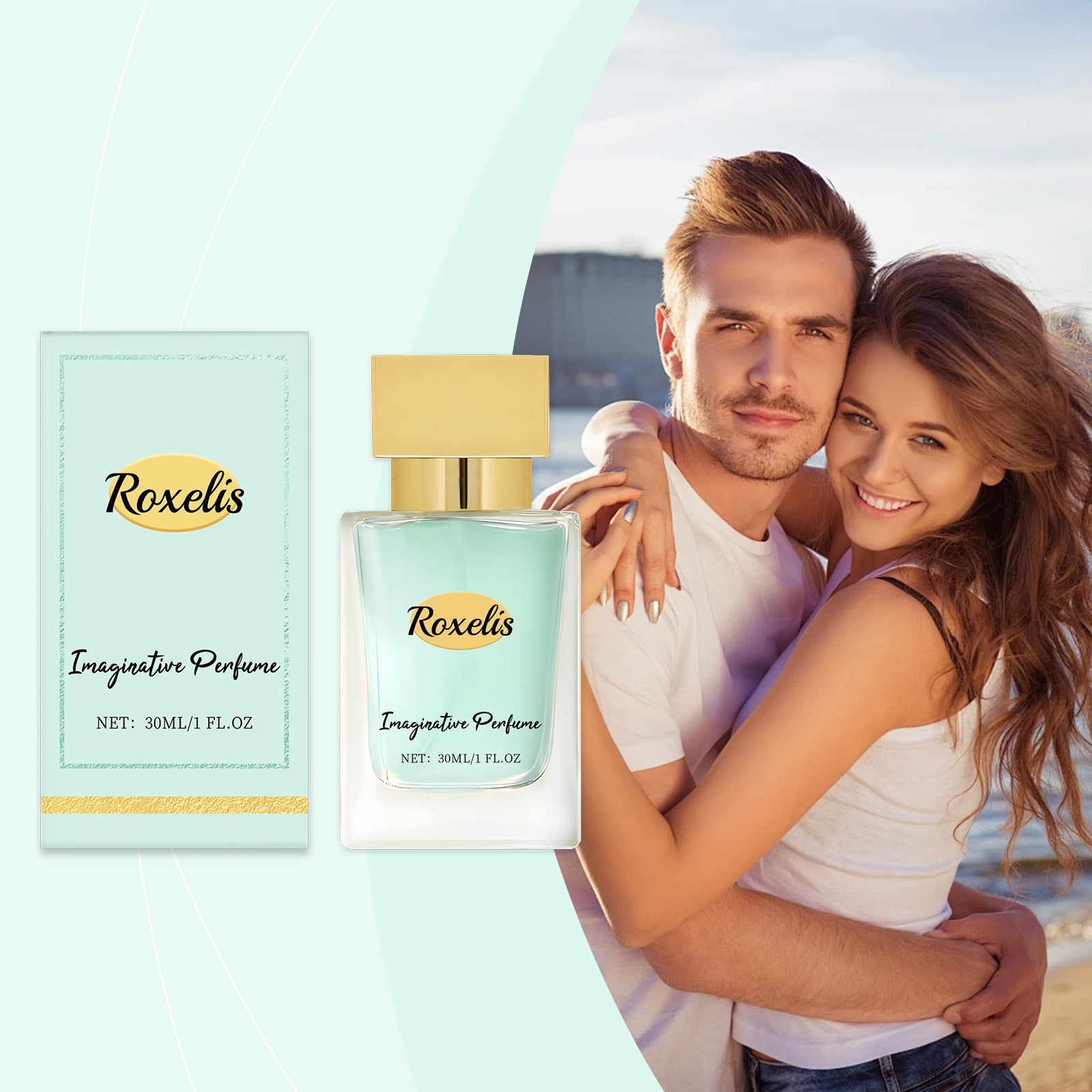 Young couple embracing on beach with sunset backdrop, product displayed alongside them in casual romantic setting