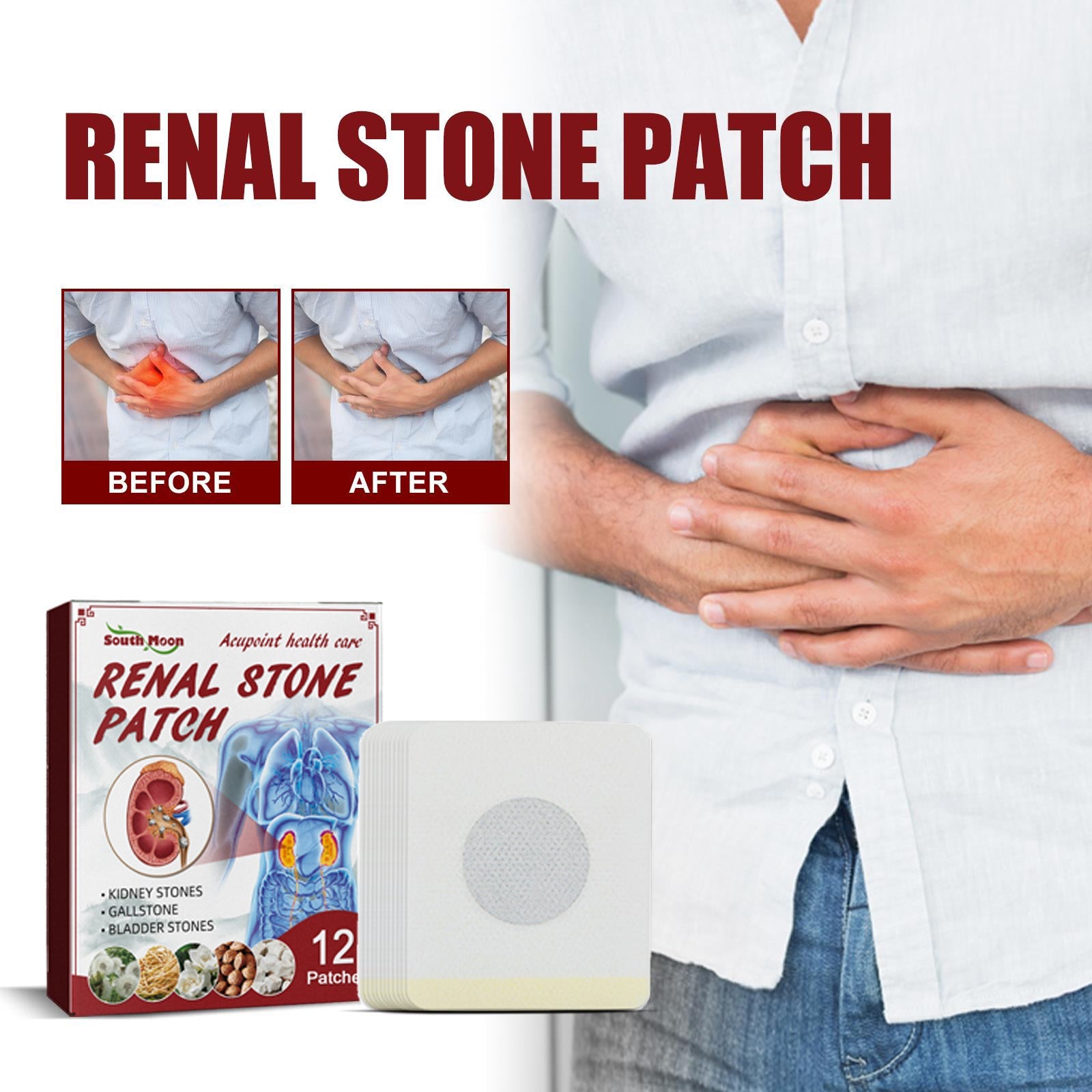 Educational infographic comparing diseased kidney with stones versus healthy kidney function with accompanying text on herbaceous extract, mild comfort, and deep penetration benefits