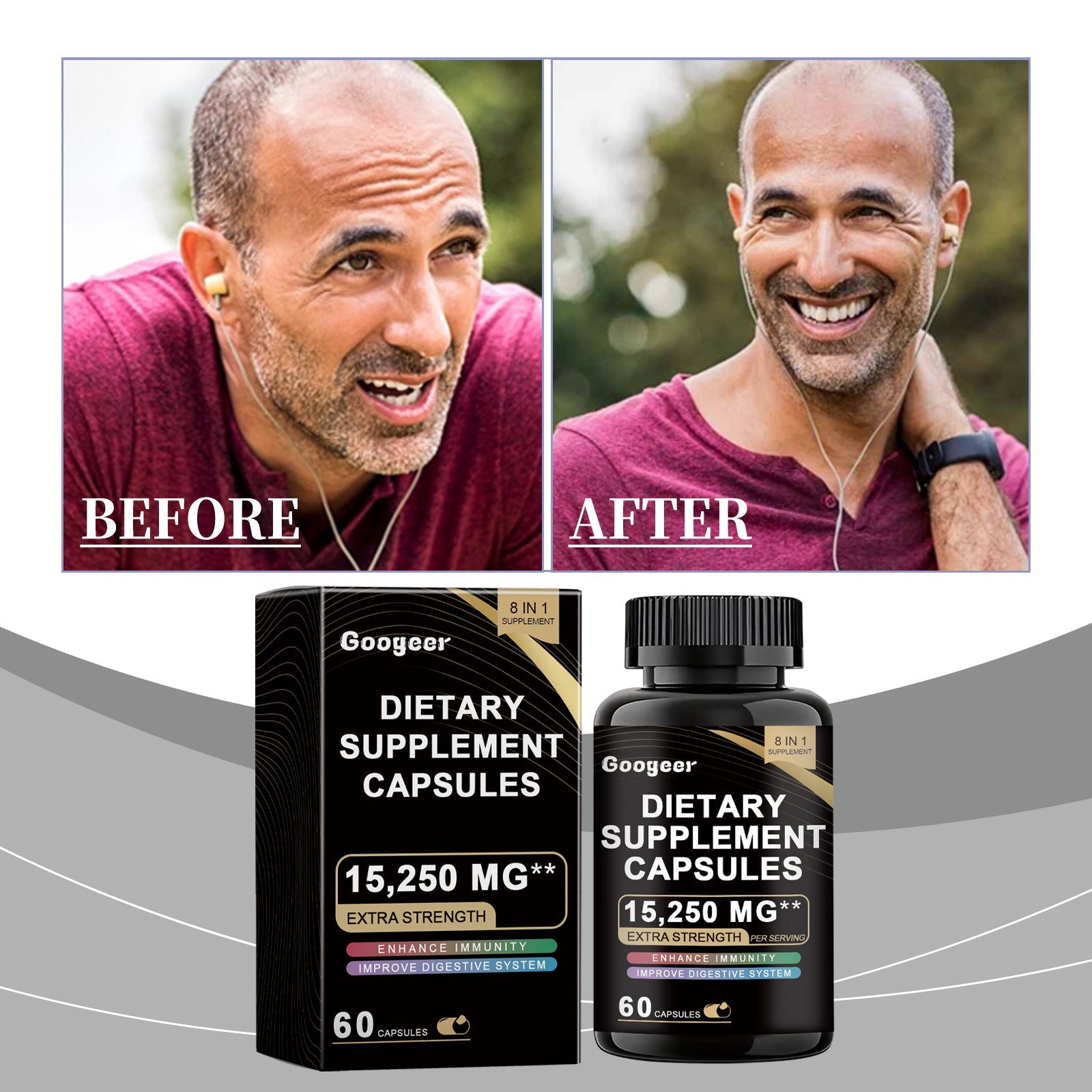 Product bottle surrounded by floating white capsules and golden serum drops with labeled benefits: immune system support, skin health, cardiovascular function, and collagen production