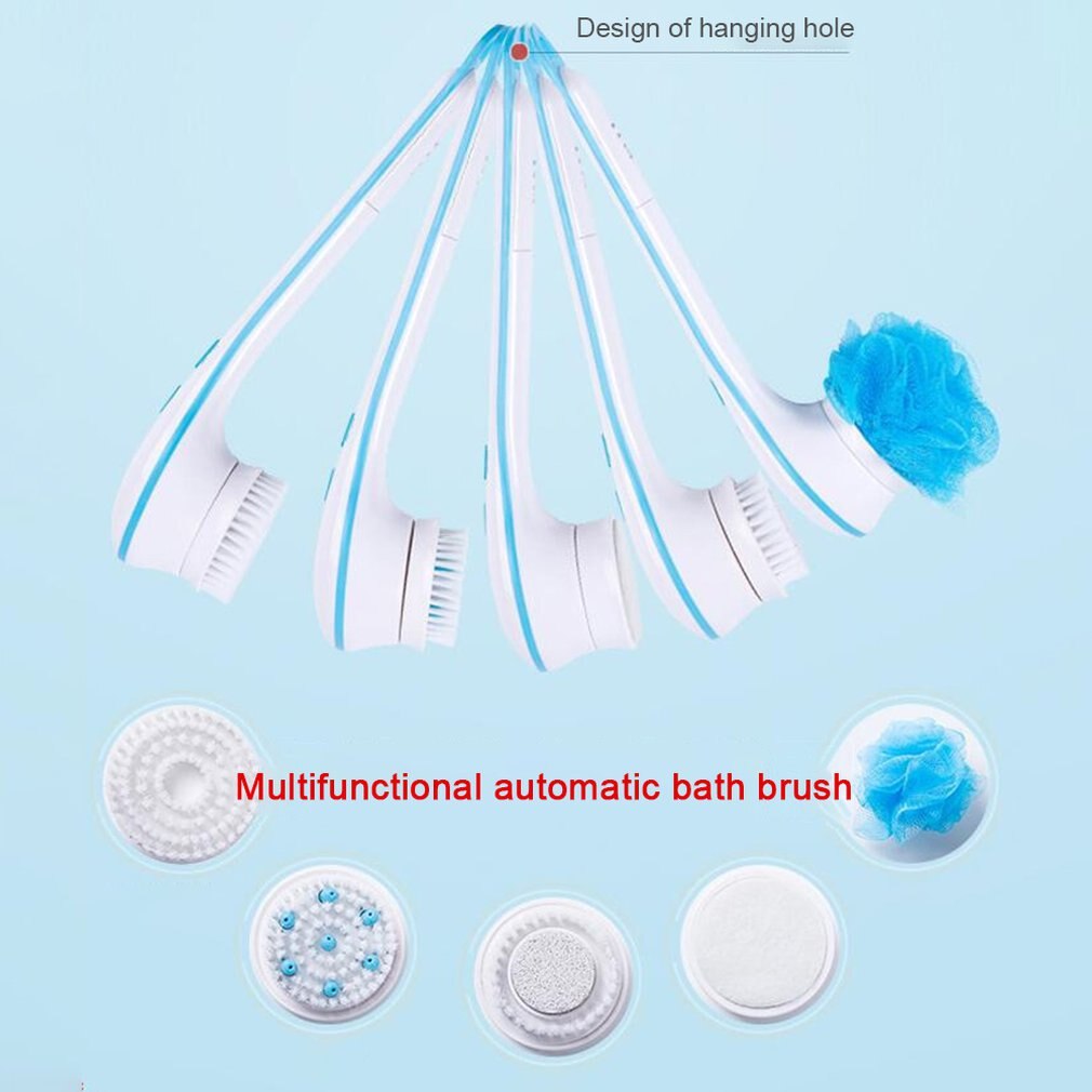 Complete set display showing all five interchangeable brush heads radiating from center, with hanging hole design and blue loofah pouf highlighted