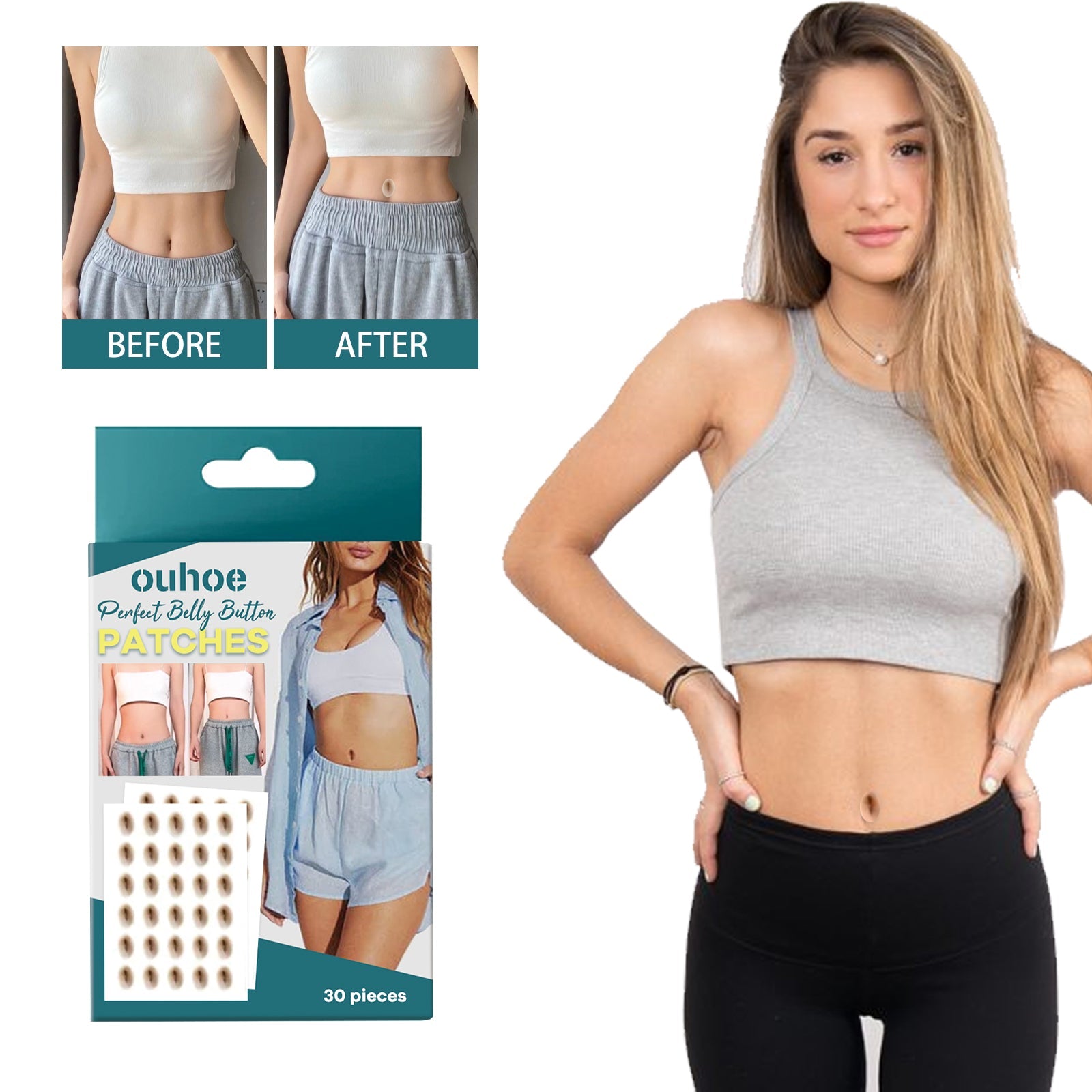 Young woman modeling the product effect wearing light gray crop top and black bottoms with visible confident pose