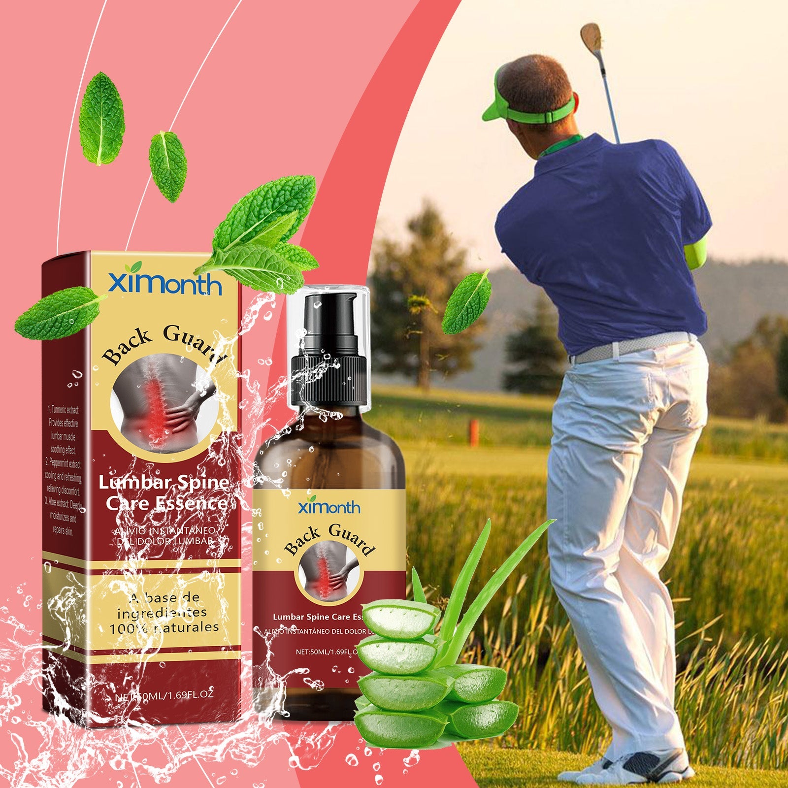 Male golfer mid-swing on a golf course with product packaging and natural ingredients (mint, aloe) integrated into dynamic composition