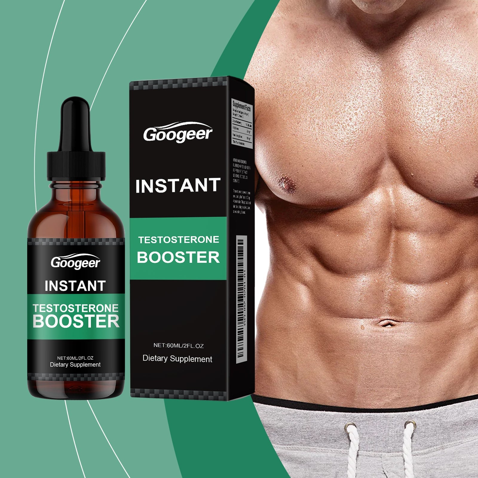 Muscular male torso next to product bottle and packaging against teal background