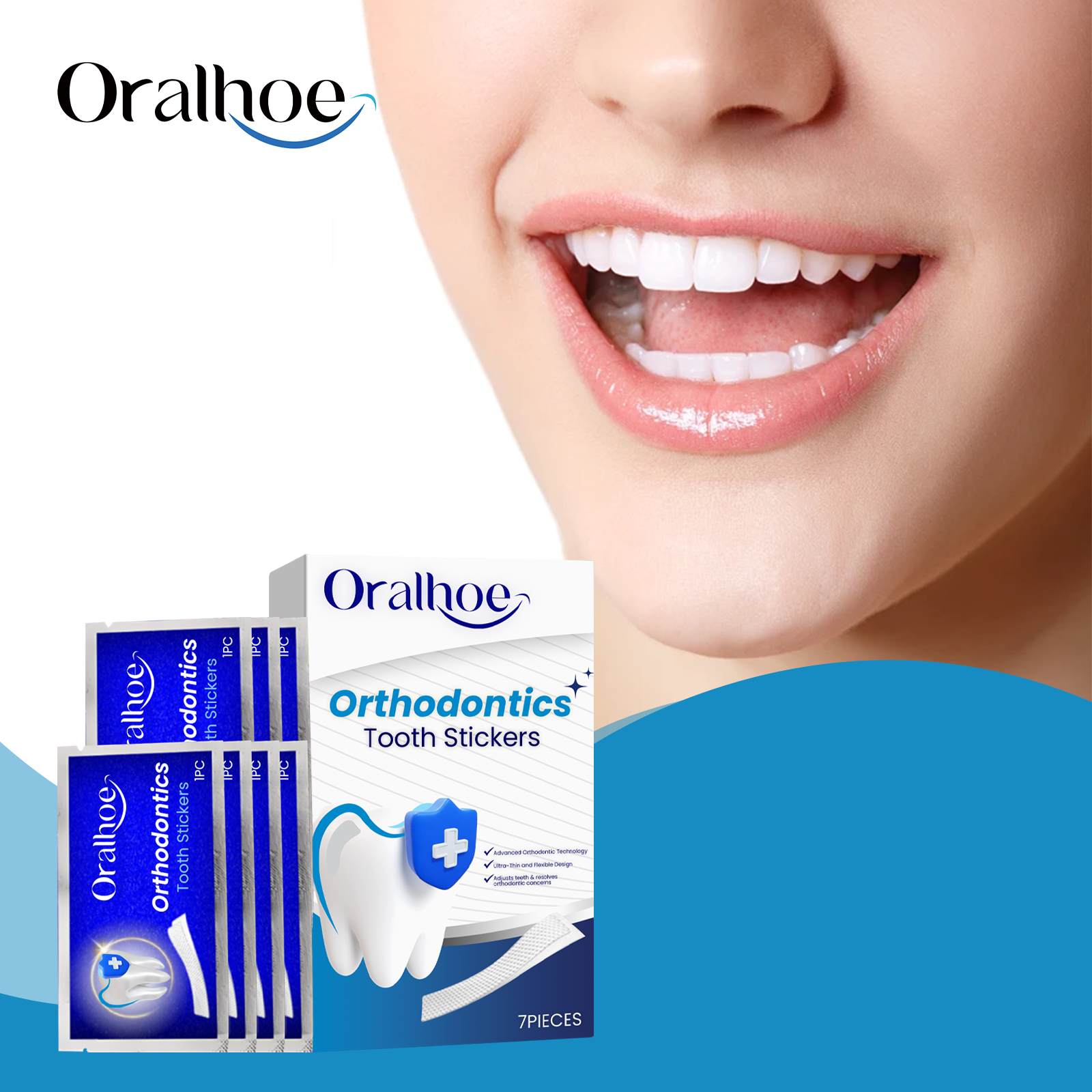 Close-up of bright white smile with product packaging beside beaming face