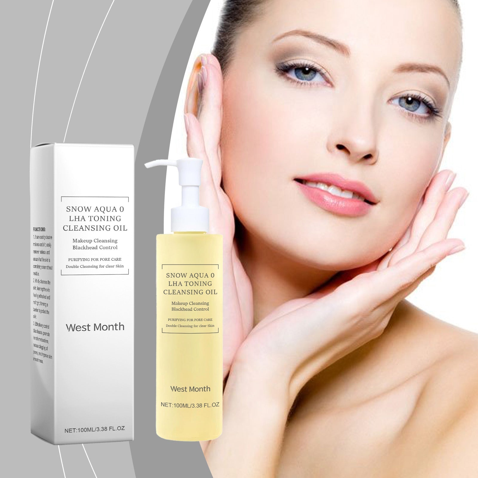 Woman with clear, radiant, moisturized skin holding bottle near her face, hands gentle against cheek