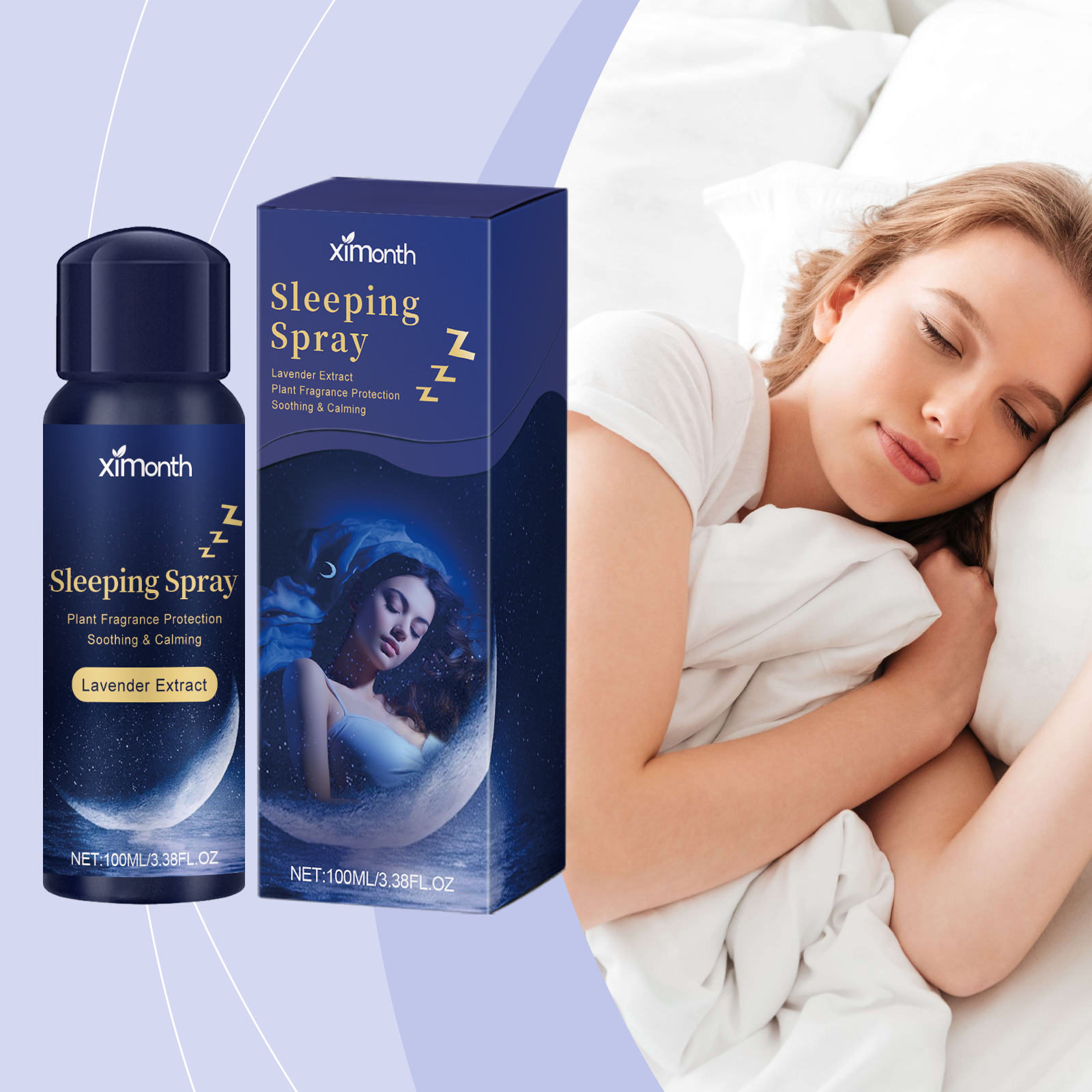 Woman peacefully sleeping in white bedding with Ximonth product displayed on left side