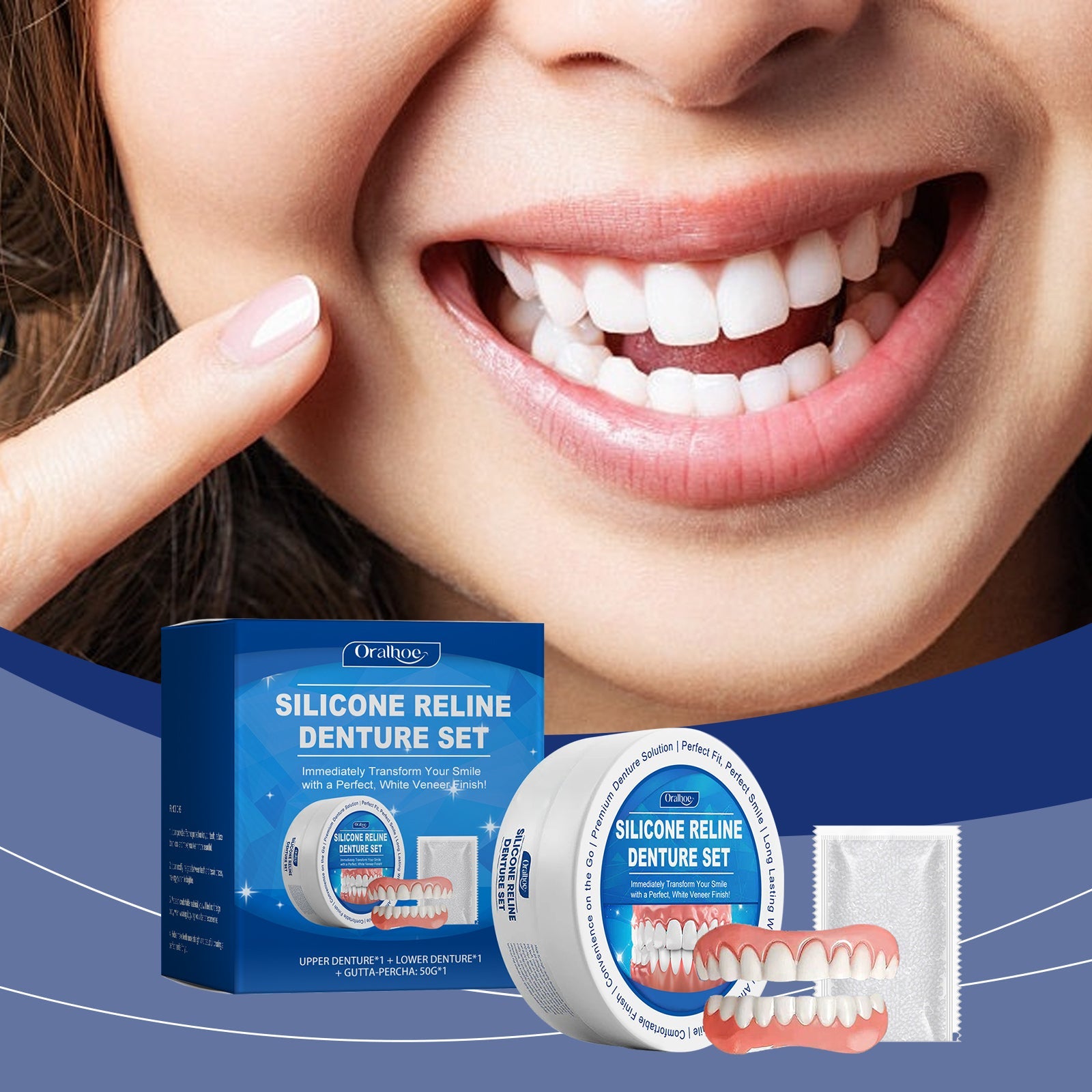Woman smiling with bright white teeth and perfect smile, product packaging integrated into scene