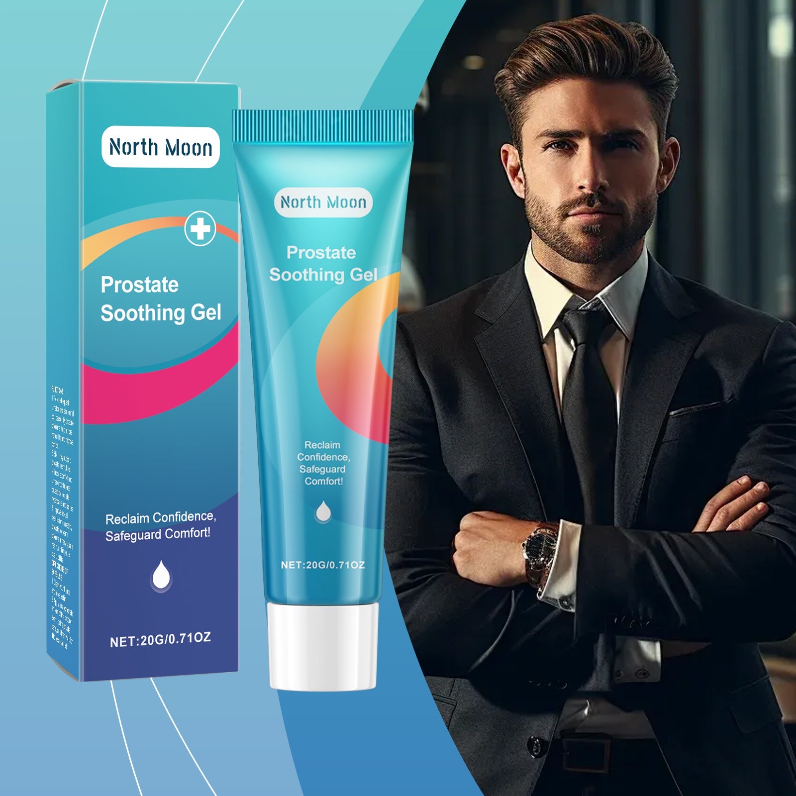 Professional man in business suit positioned with product packaging against turquoise background