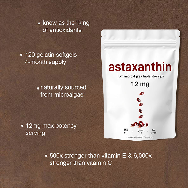Lifestyle marketing image on warm taupe background: product pouch displayed with key benefit callouts in white text including 'king of antioxidants', '120 gelatin softgels 4-month supply', 'naturally sourced from microalgae', '12mg max potency serving', and comparative potency statement '500x stronger than vitamin E & 6,000x stronger than vitamin C'