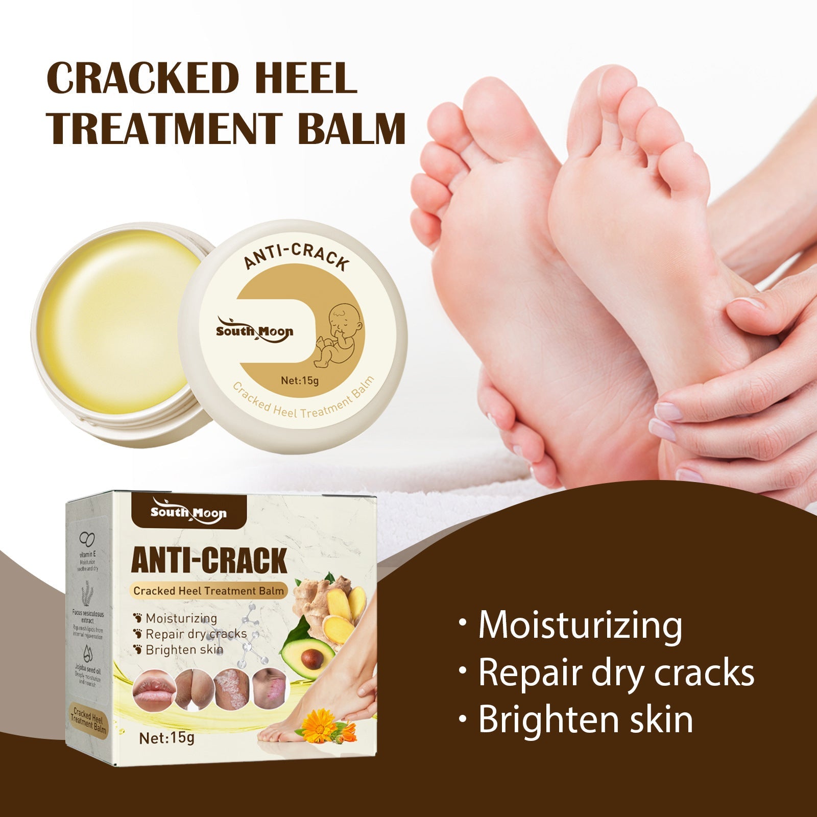 Hands massaging moisturized feet with balm visible, alongside product packaging and jar, with text describing three main benefits: Moisturizing, Repair dry cracks, Brighten skin
