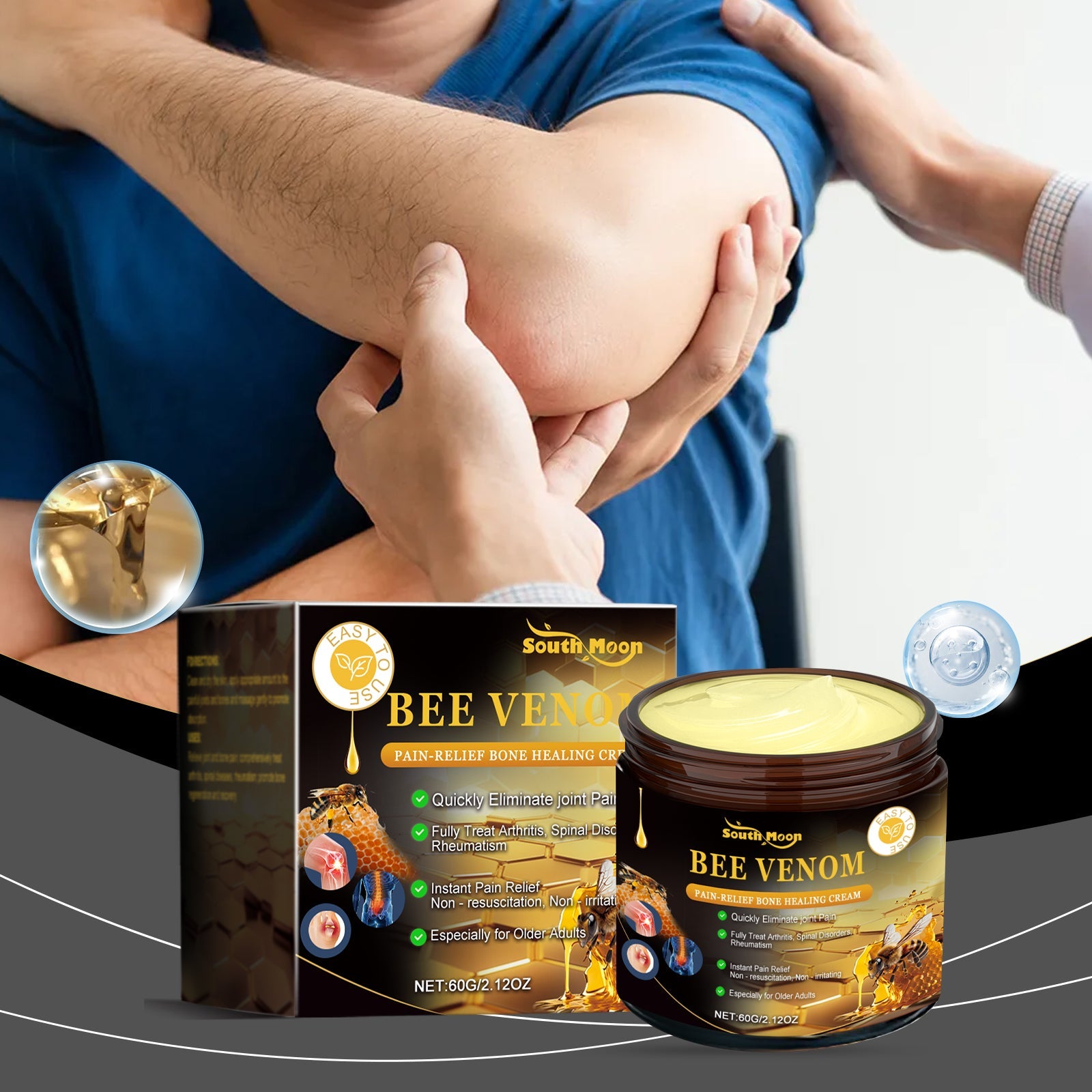 Man in blue shirt with swollen elbow joint being examined, product jar and box displayed nearby with magnified texture insets