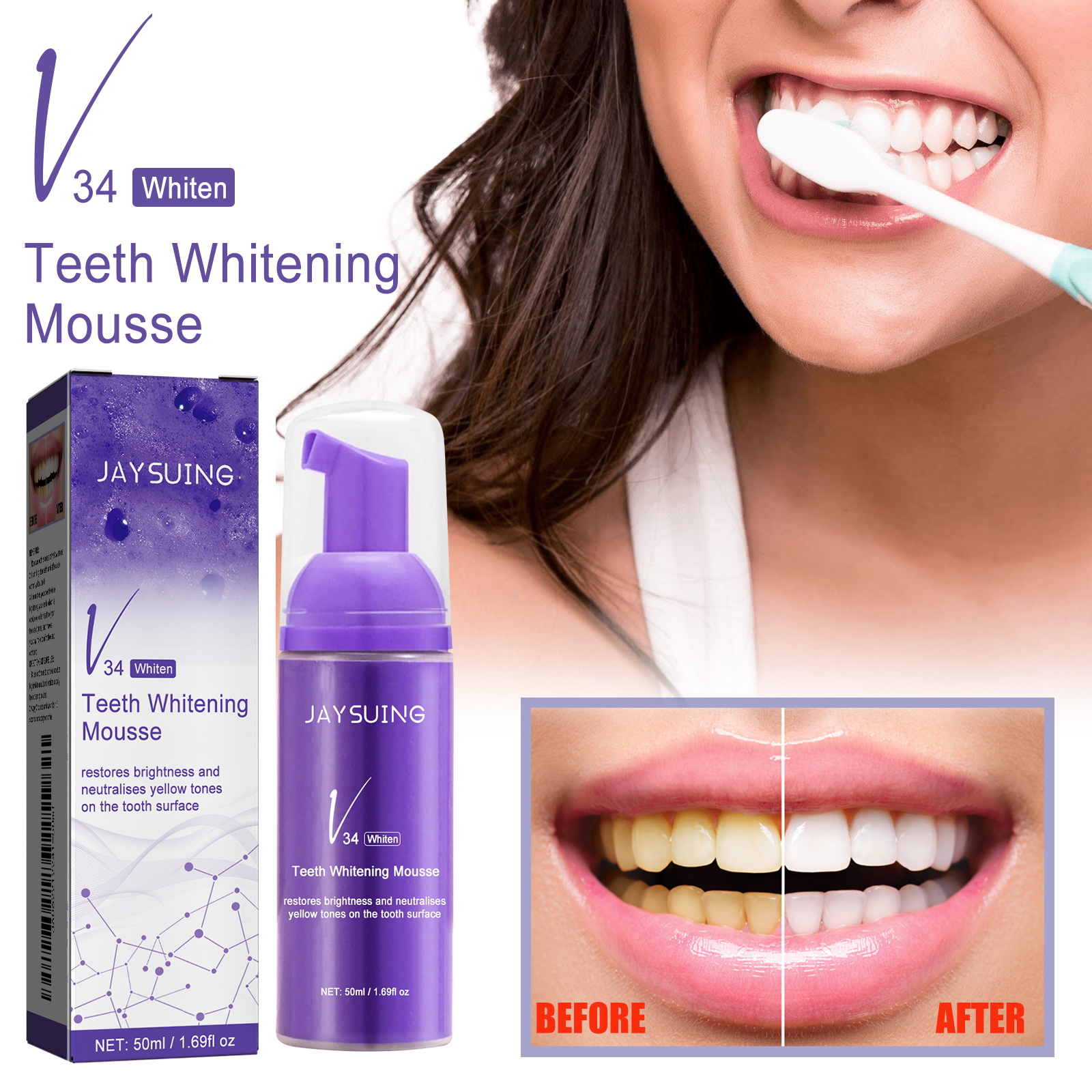 Woman with bright white smile applying V34 foam with product and dramatic before/after teeth comparison