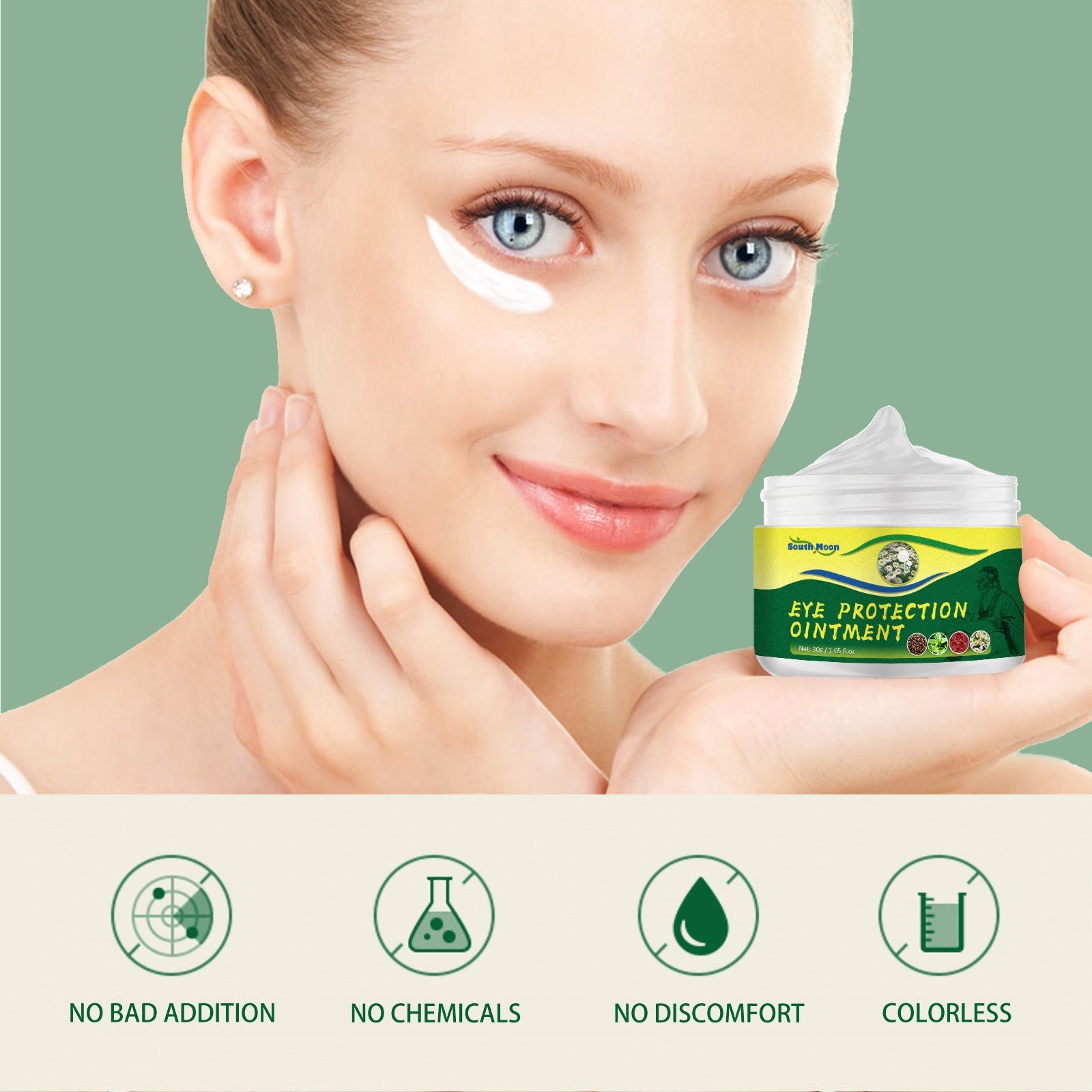 Woman with bright blue eyes applying white cream patches under eyes against soft green background with product jar in hand