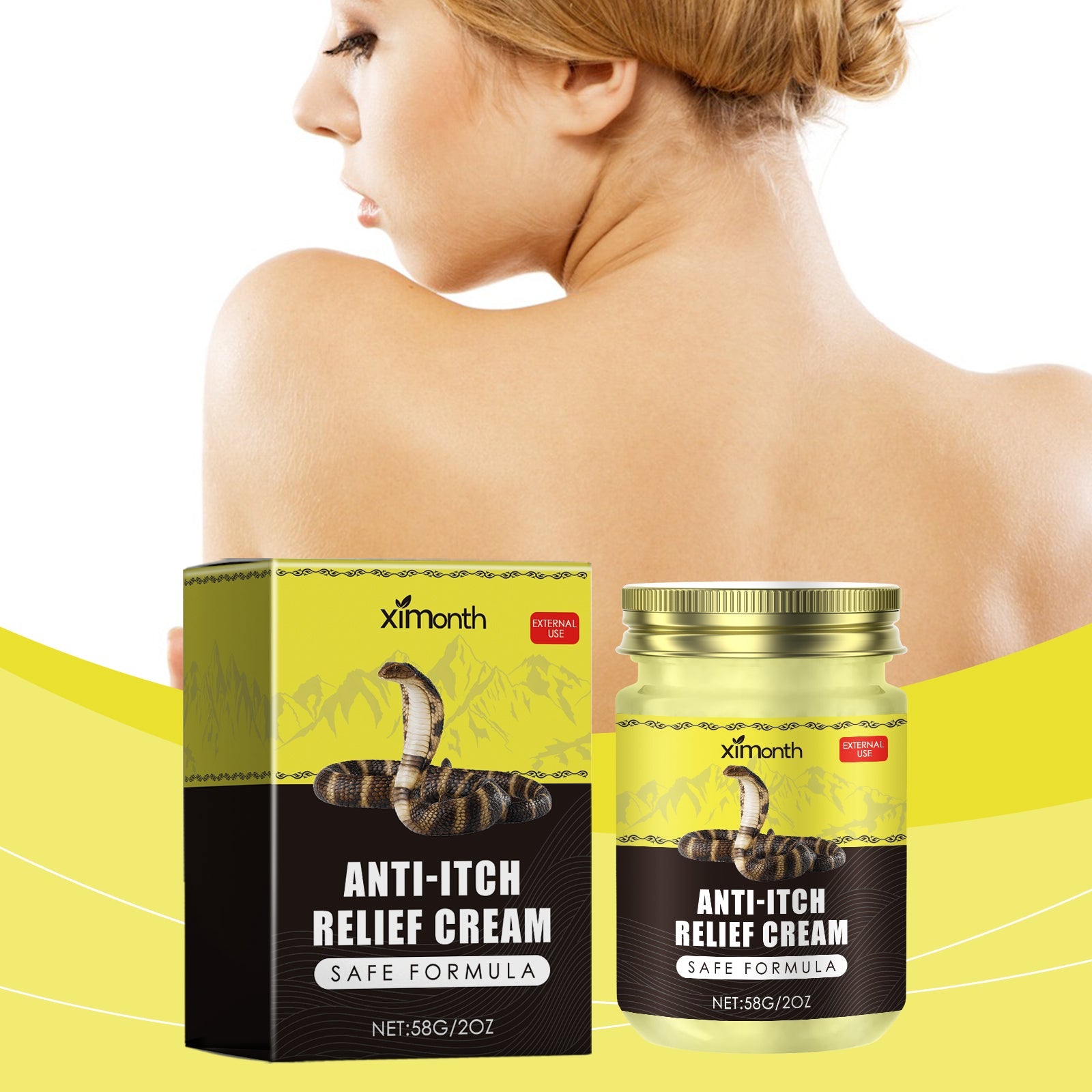 Woman's bare back and neck in profile with bright yellow abstract background elements