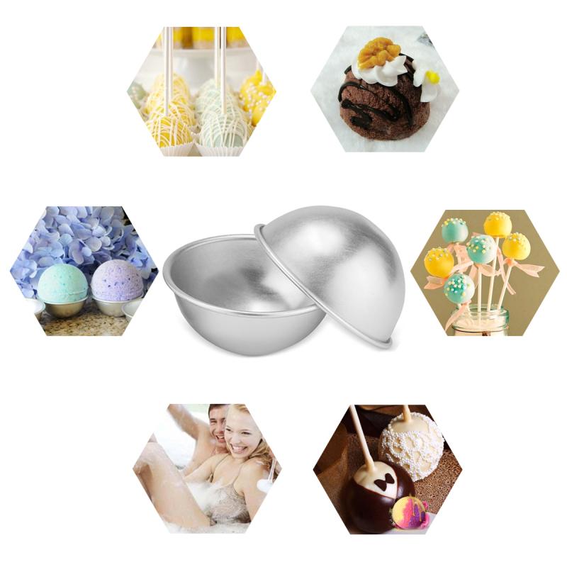Single open aluminum hemisphere mold in center surrounded by hexagonal lifestyle images showing cake pops, bath bombs, couple in bath, and chocolate treats