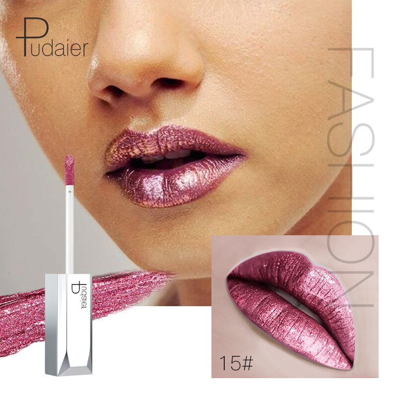Product tube and box showing Pudaier branding with gradient white-to-plum color fill and 'LIP GLOSS GLITTERING' text