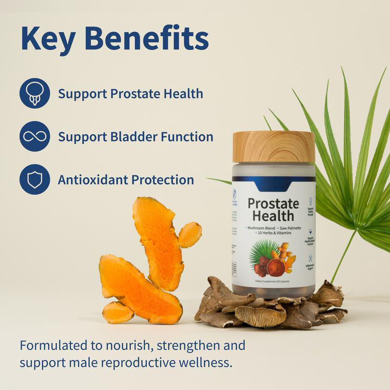 Three key benefits highlighted with icons: prostate health, bladder function, antioxidant protection, alongside turmeric root and botanical ingredients