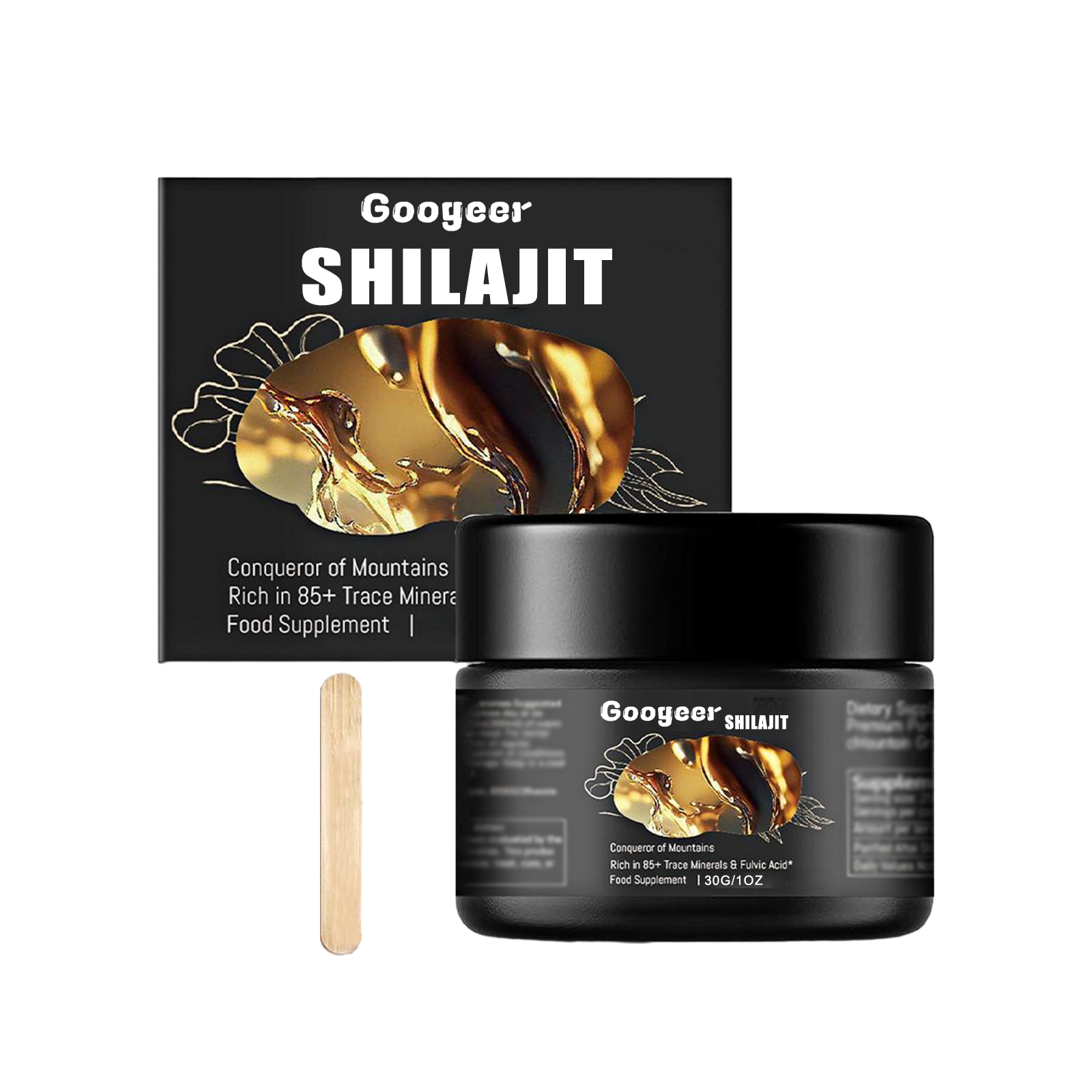 Product packaging and black glass jar with wooden spoon displayed against white background