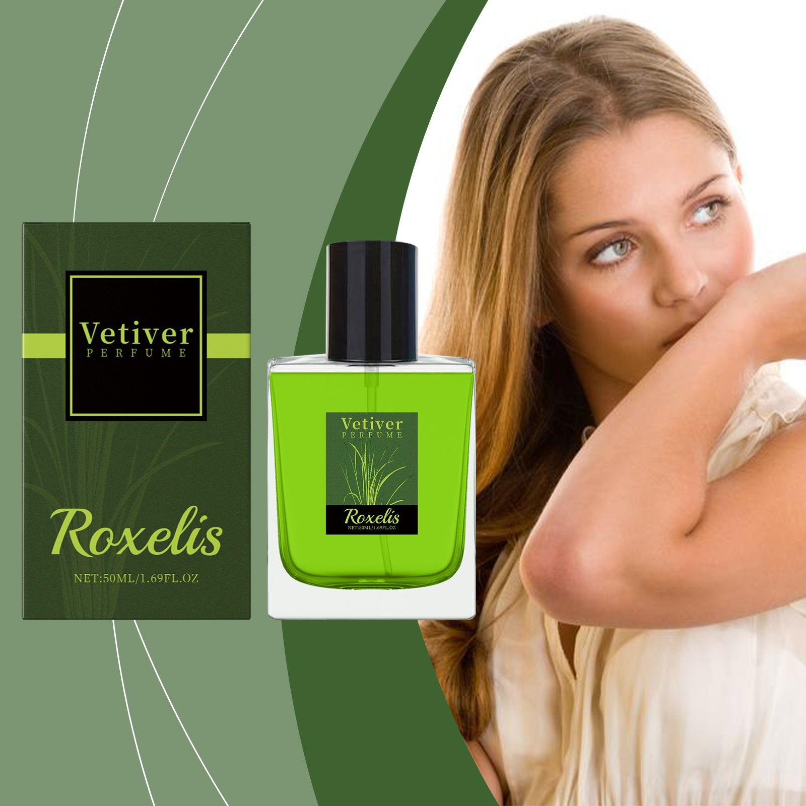 Woman holding perfume bottle near shoulder in elegant pose with geometric green background