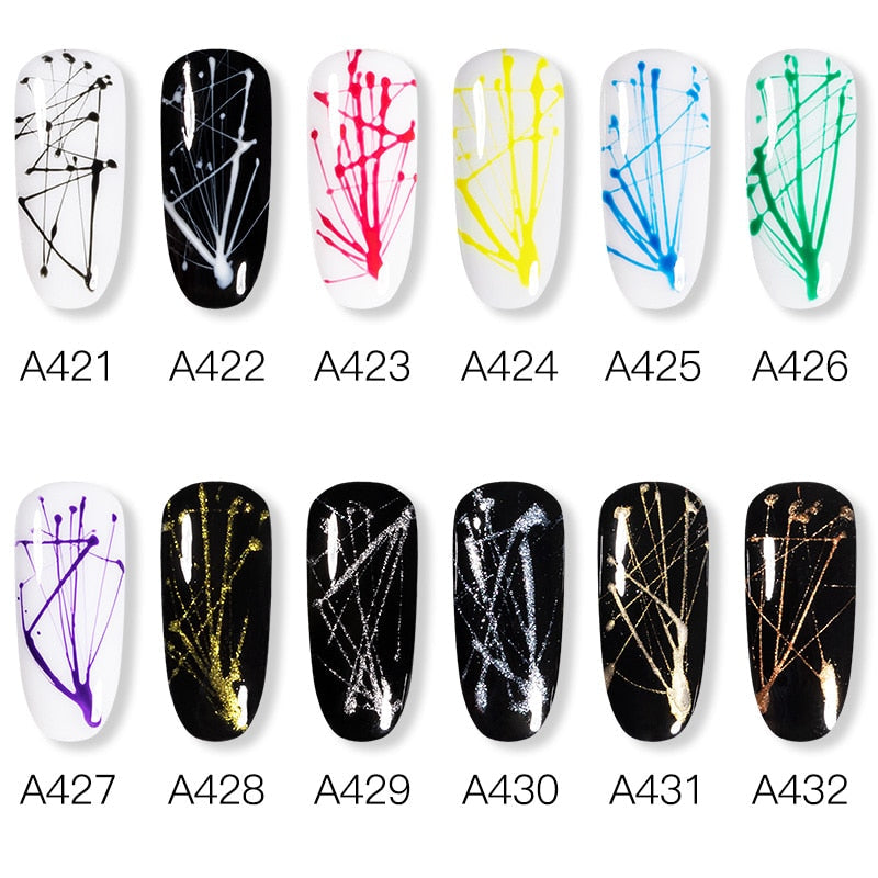 Hand holding open jar of ROSALIND Spider Gel displaying product on freshly manicured nails with web line designs