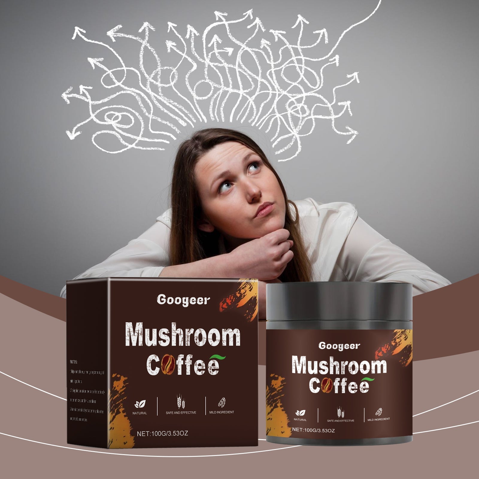 Woman looking thoughtful with tangled arrow thought bubble, holding mushroom coffee product